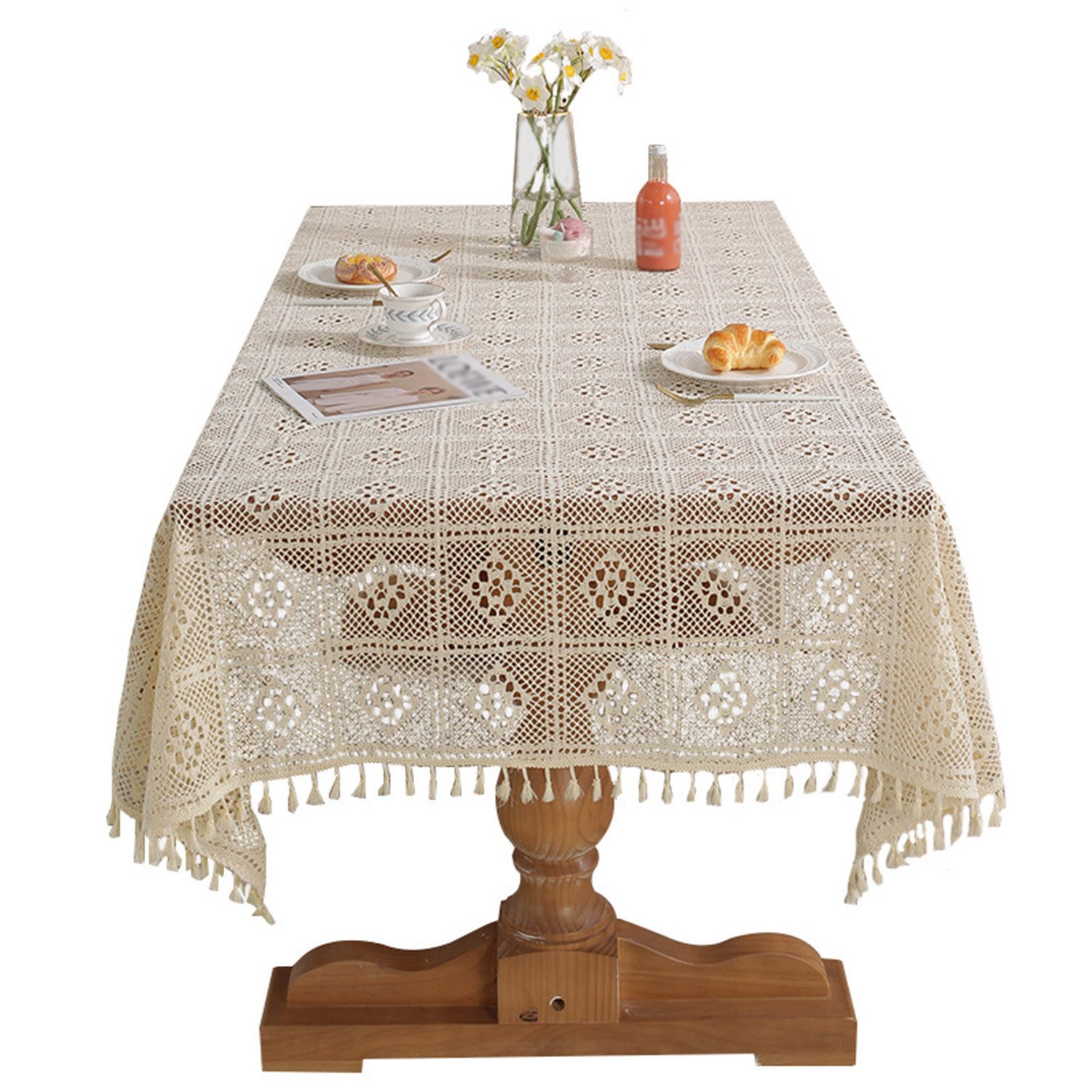 Tischdecke Vintage Häkel Tischdecke mit Quasten Rechteckig Tischtücher 100x140cm