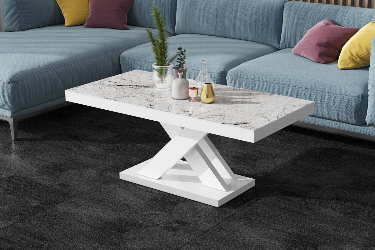 designimpex Couchtisch Design XLU-888 Marmoroptik - Weiß Hochglanz Tisch Wohnzimmertisch Marmor Hochglanz - Weiß Hochglanz