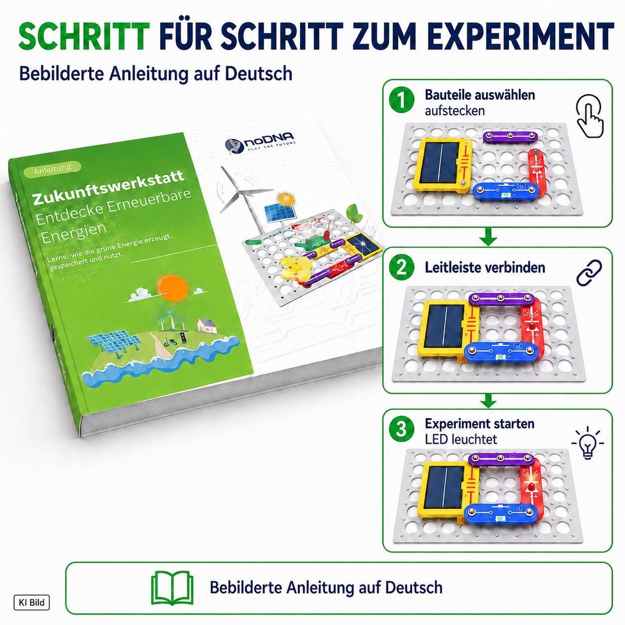 noDNA We love robotics Experimentierkasten Baukasten Erneuerbare Energien für Kinder ab 8 Jahren, inkl. bebildeter Anleitung & spannendem Hintergrundwissen – Bild 5 von 5