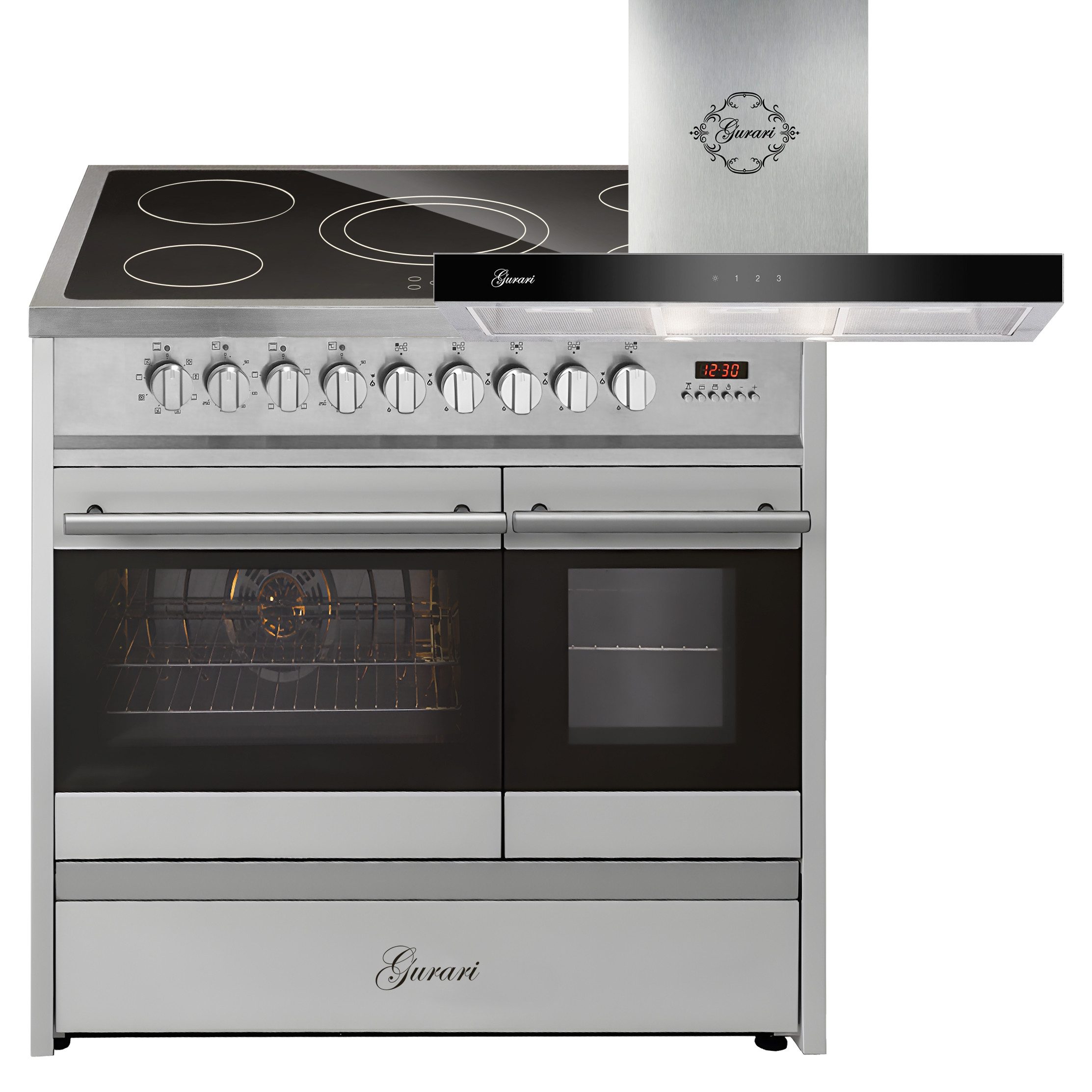 GURARI Elektro-Standherd Elektro Standherd 90 cm, Doppelbackofen+Dunstabzugshaube 90 cm GCH E 912 DF X+GCH F 462 IS 9 Prime., mit 1-fach-Teleskopauszug