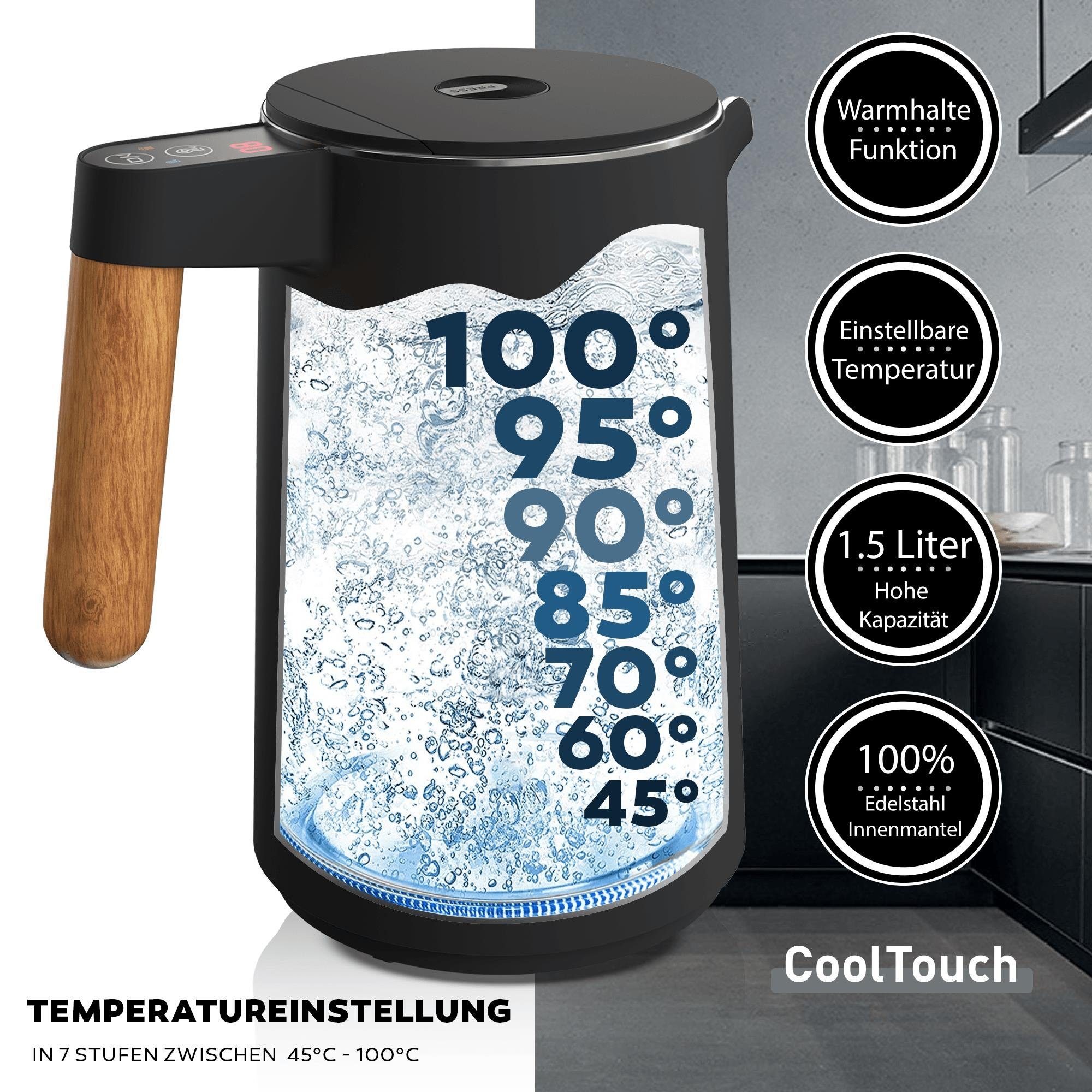 Balter Wasserkocher hochwertiger Teekocher aus Edelstahl, 1.5 l, 2200,00 W, kabelloser Wasserkocher mit Temperatureinstellung, BPA frei