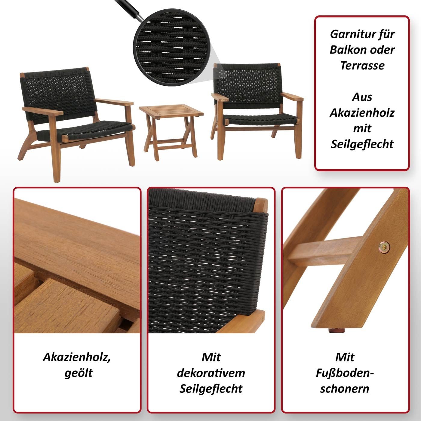 MCW Sitzgruppe MCW-N49, (Set, 3-tlg), Mit dekorativem Seil-Geflecht