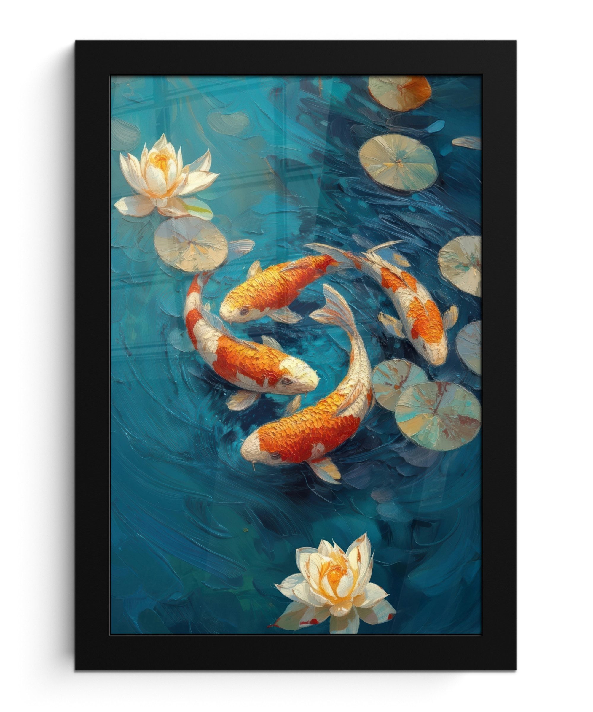 MuchoWow Poster Fische - Seerosen - Orange - Wasser, (1 St), Bilderrahmen, Zimmer Deko, Bild für Wohnzimmer, 20x30 cm