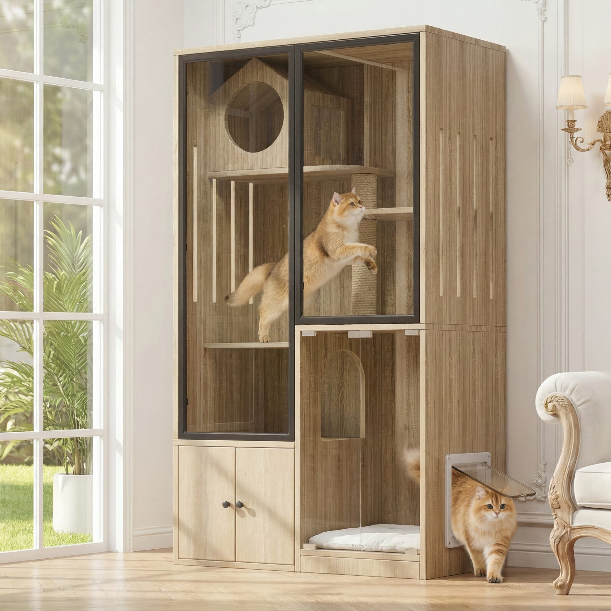 Flieks Katzenhaus Katzenvilla mit vierstockiger großer Katzenzaun, Tierhaus mit Kratzpfosten und Glastüren Katzenkäfig Holzoptik