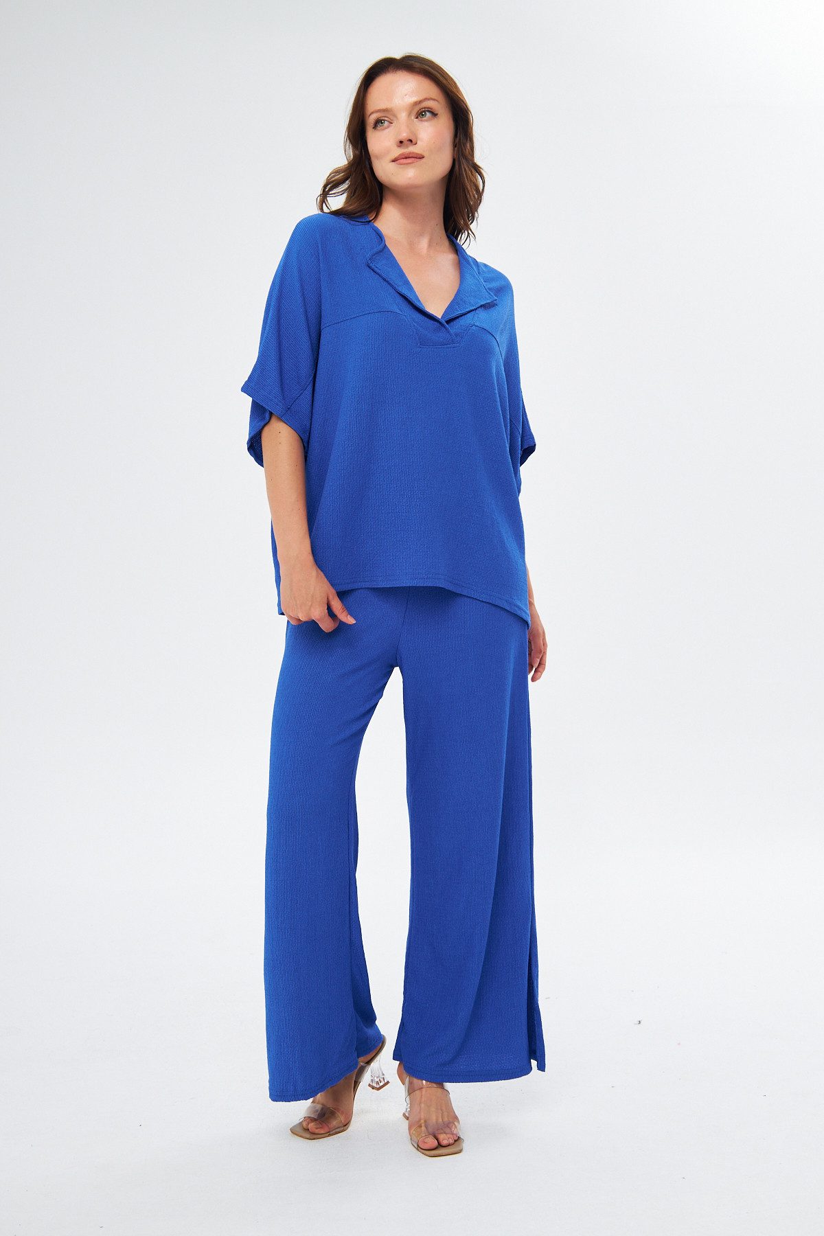 Blusentop Zweiteiliges Set aus Bluse und Hose mit V-Ausschnitt in Übergröße
