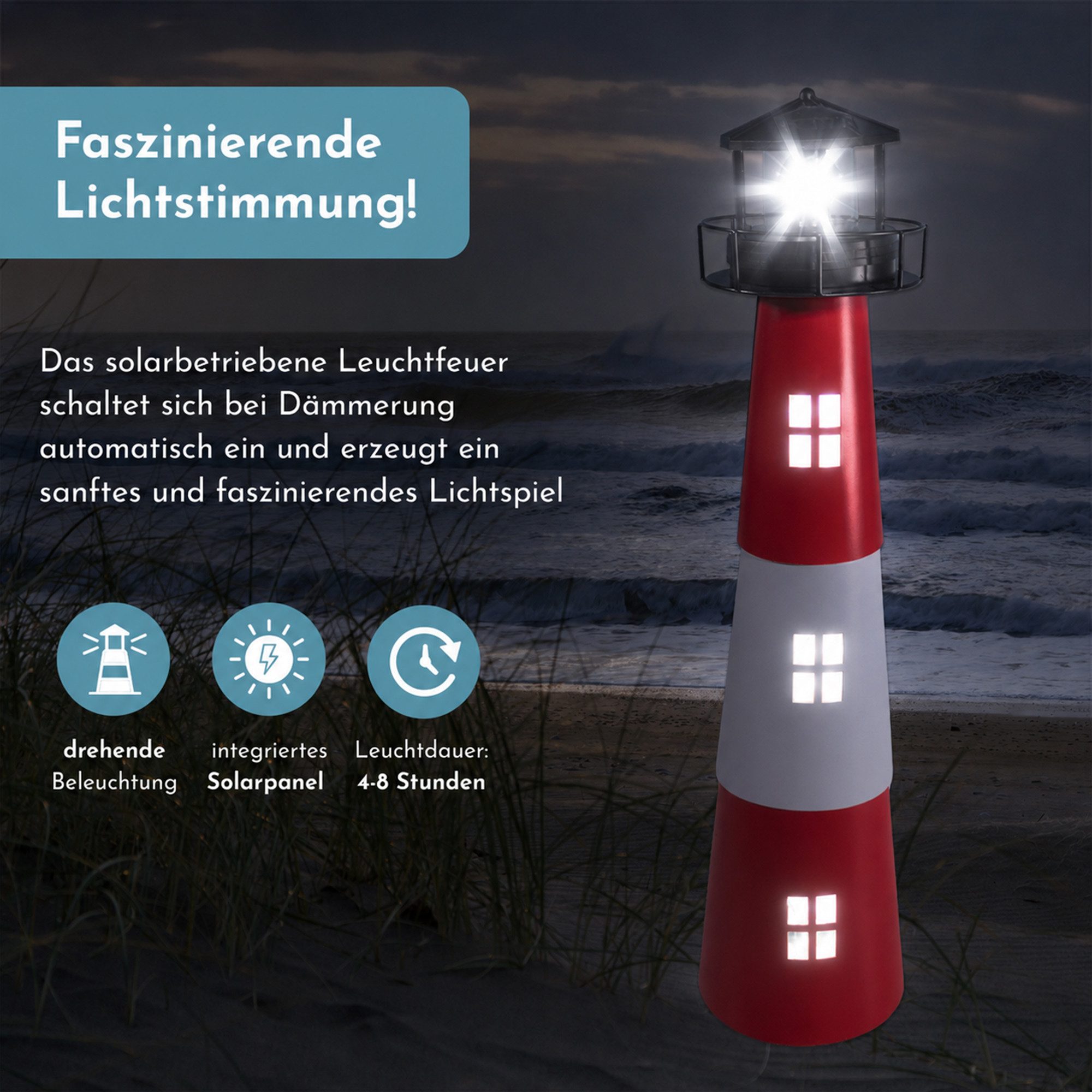 Lemodo LED Gartenleuchte Solar Leuchtturm mit rotierender LED-Beleuchtung, Gartendeko, LED fest integriert, Tageslichtweiß, rotuierende Lichtkegel