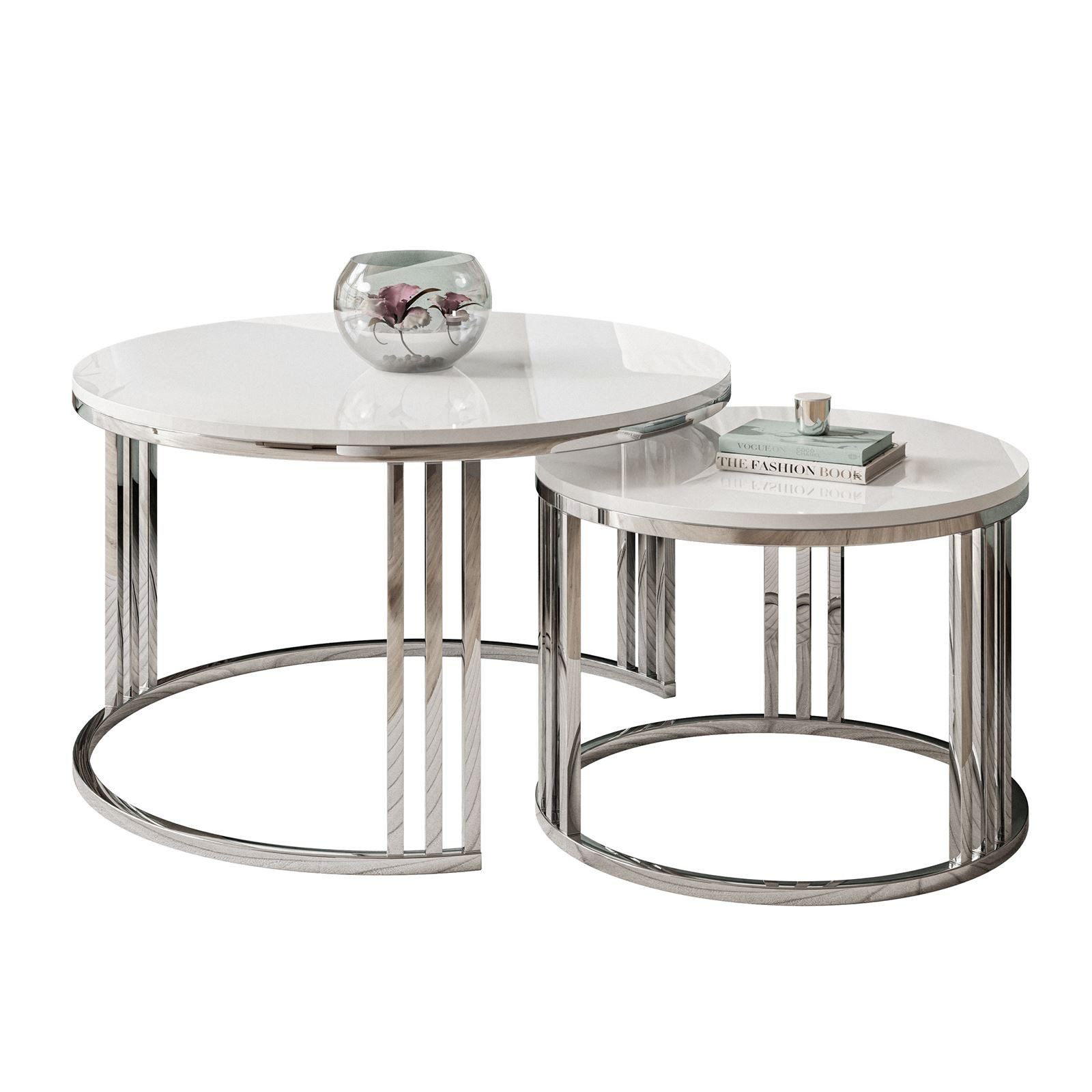 Lookway Couchtisch LORI 2in1 runder Couchtisch mit silber chrom gestell (2er Set), Durchmesser: ⌀70 cm und ⌀50 cm