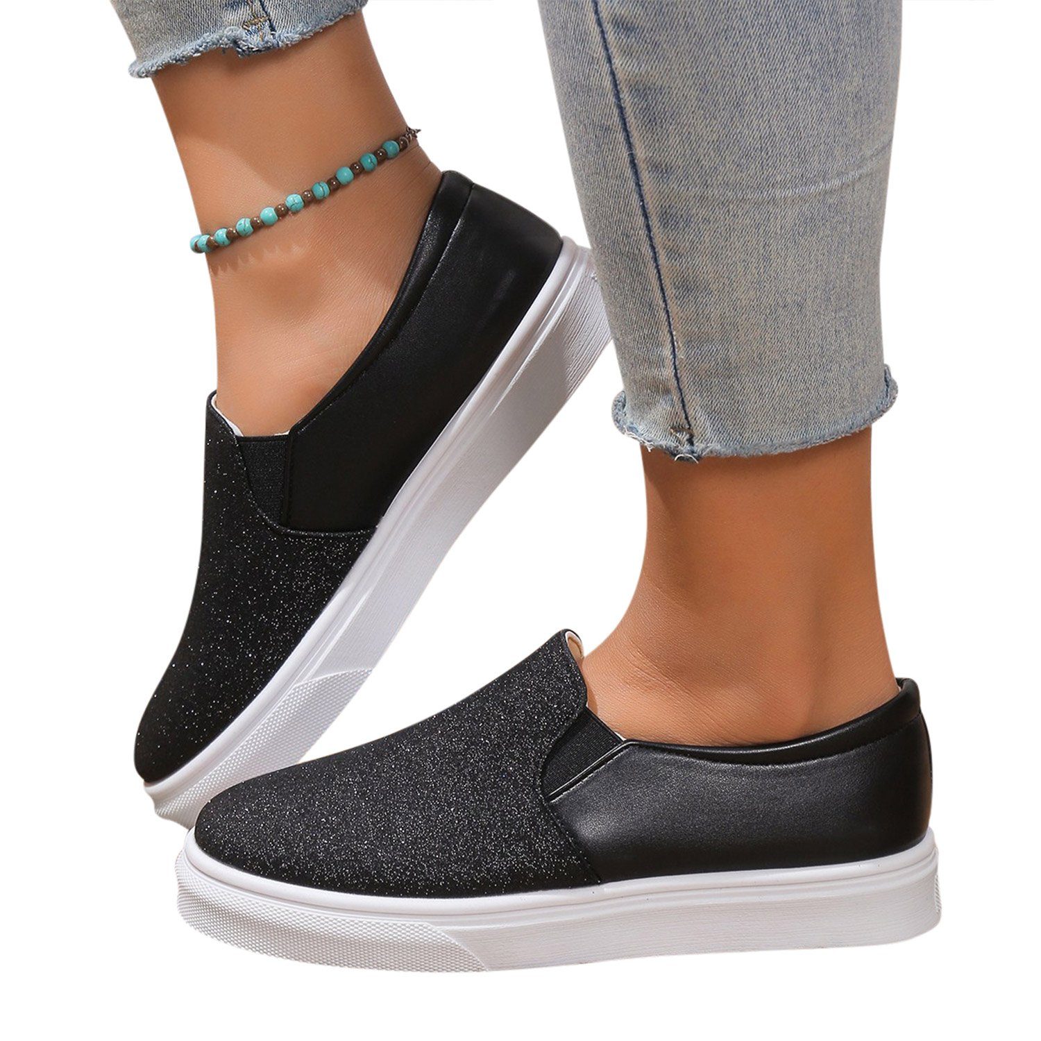Daisred Damen Glitzer Tennisschuhe Plattform Loafer Slip-On Sneaker