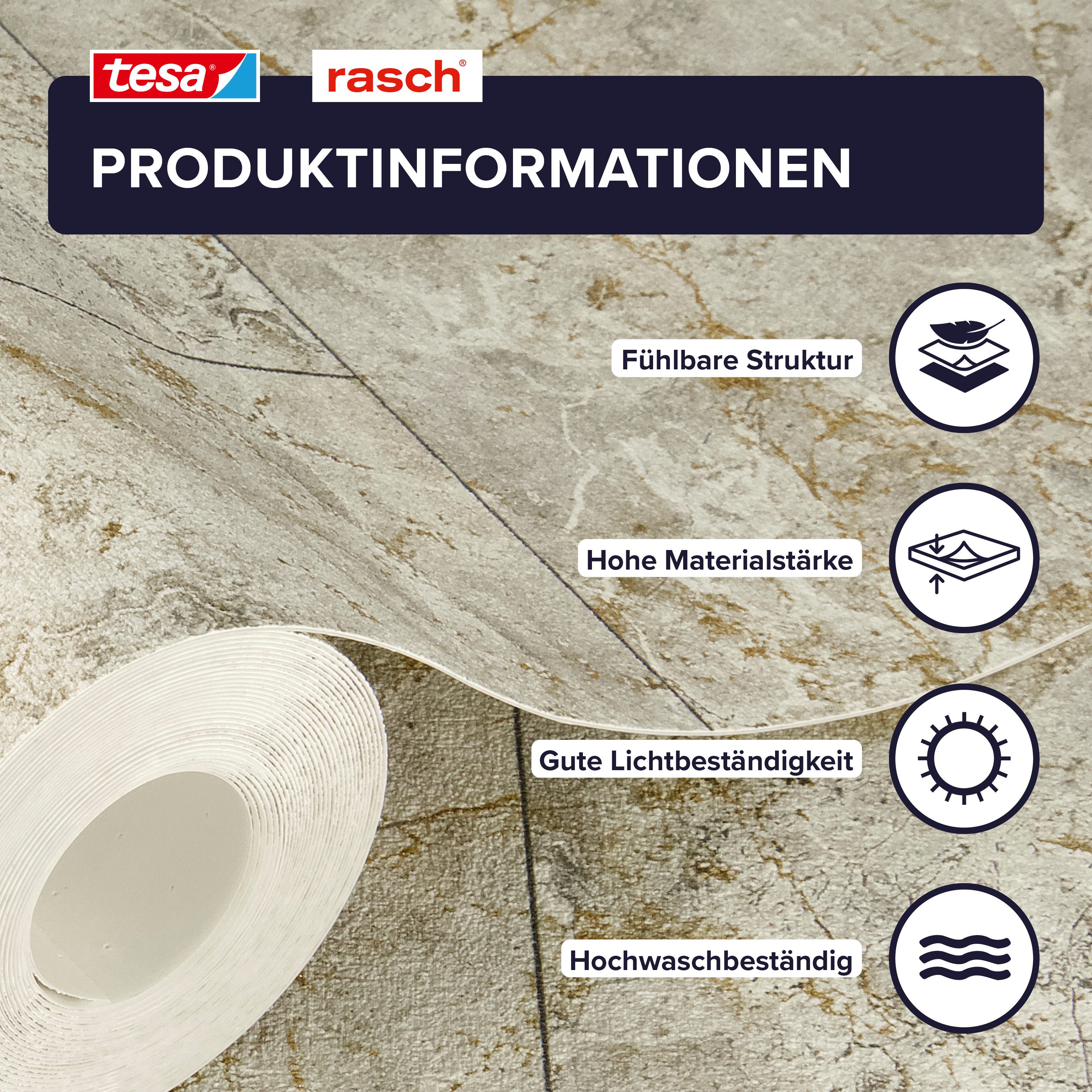 Rasch Vliestapete Luxora - Selbstklebende Tapete Stein Fliesen von tesa® x rasch®, strukturiert, Steinoptik, Fliesenoptik, (1 St), selbstklebend, 6,00m x 0,53m