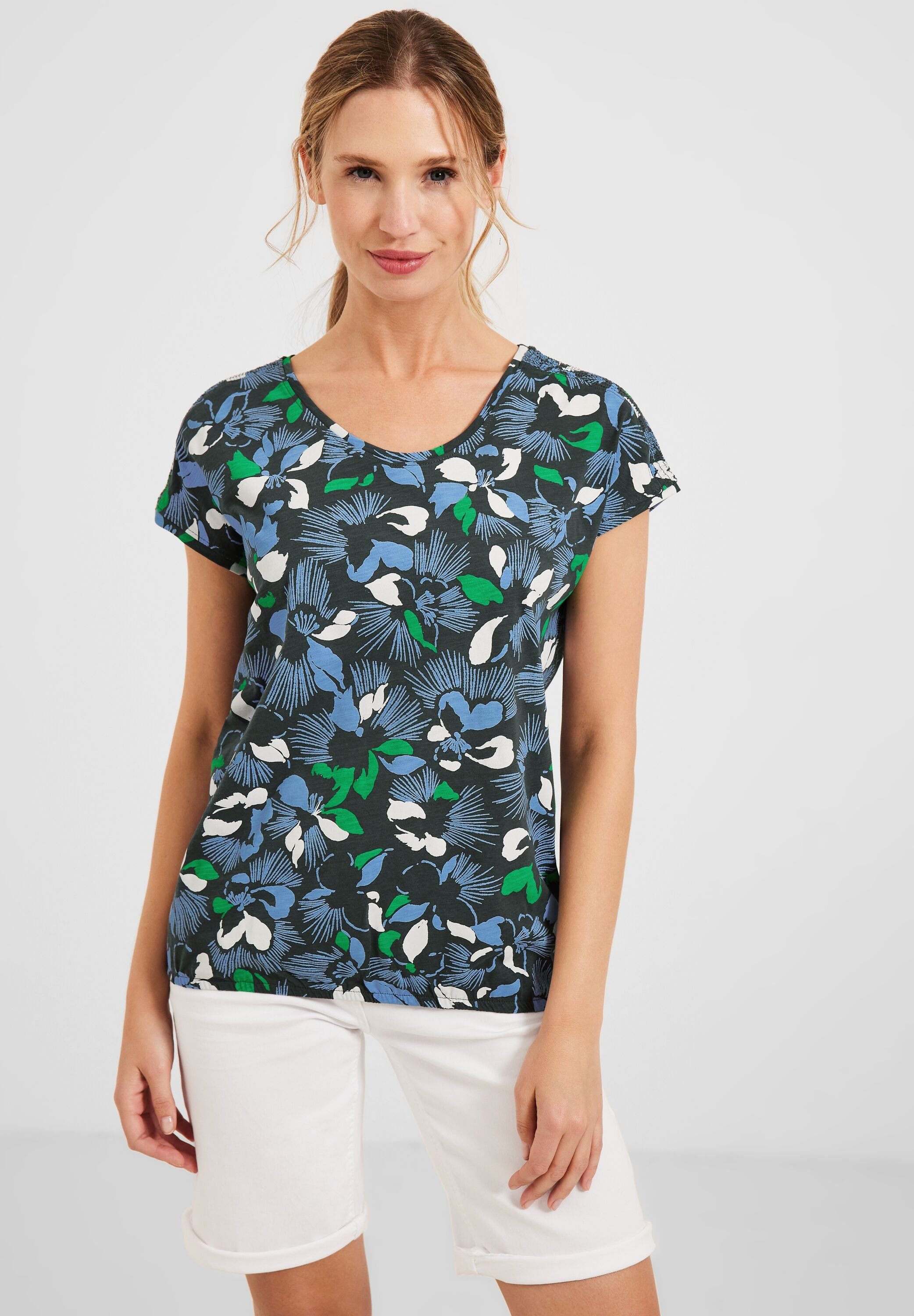 Cecil T-Shirt mit Blumenmuster abgerundetem V-Ausschnitt, Allover