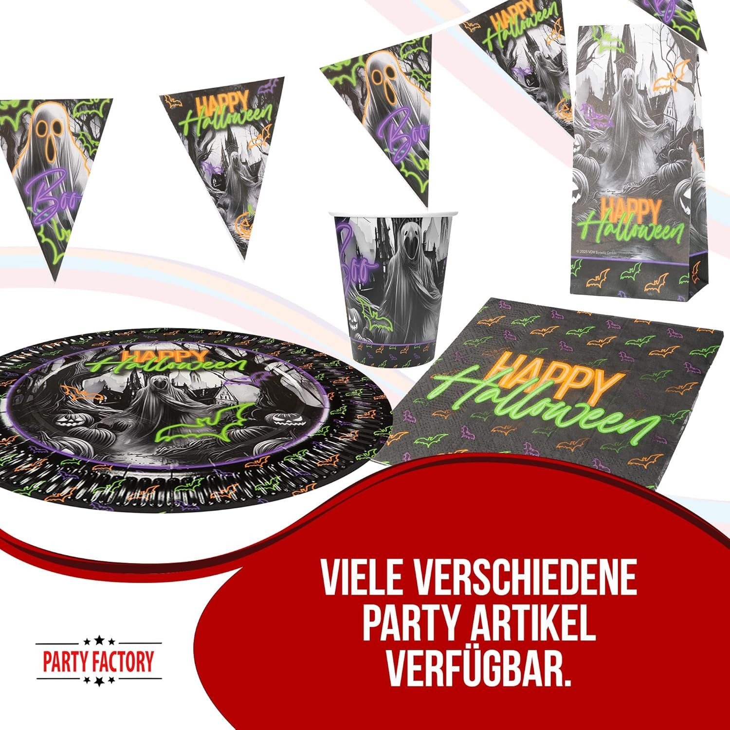 Party Factory Geschirr-Set Halloween Neon 36-teiliges Party-Set mit Teller, Becher und Servietten, 8 Personen, flurszierend - Ideal für Partys mit Schwarzlicht oder UV-Beleuchtung