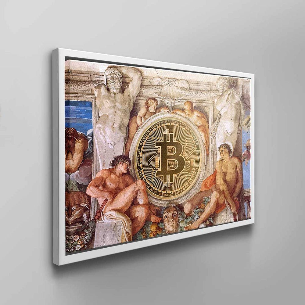 Bitcoin weiß Motivation schwarzer DOTCOMCANVAS® Wandbild Gott Geschichte braun Rahmen museum History, Bitcoin Leinwandbild alter