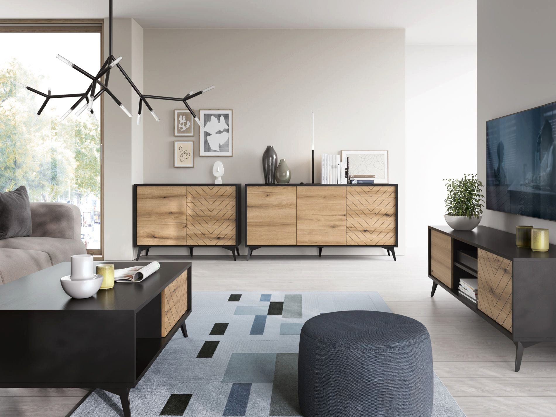 Selsey TV-Schrank BOULIA TV-Lowboard 154 cm, schwarz mit Fronten in Eicheoptik, Fischgrätmuster