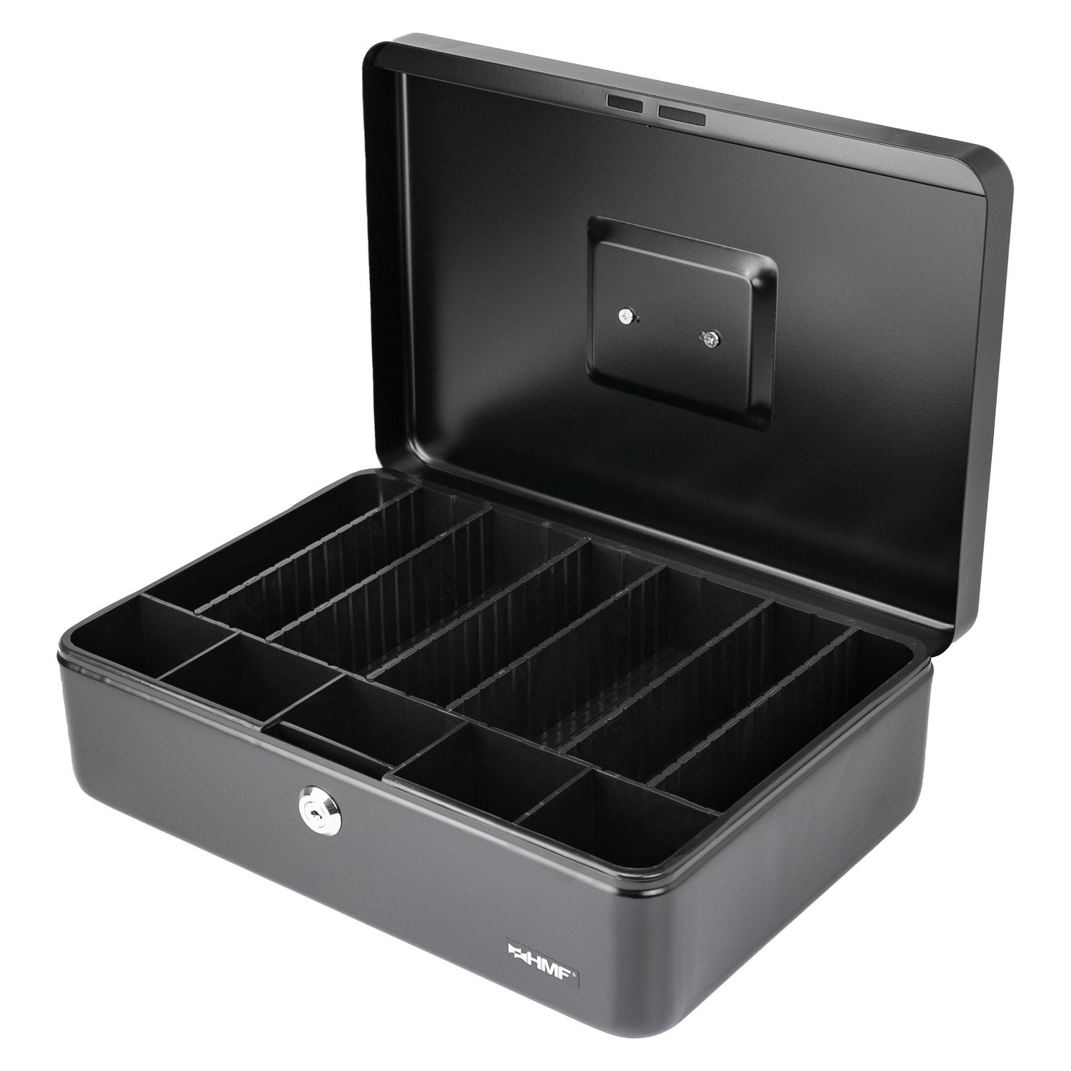 HMF Geldkassette Abschließbare Bargeldkasse, mit Münzeinsatz und 6 Trennwänden, individuelle Facheinteilung 36 x 25 x 11 cm, schwarz