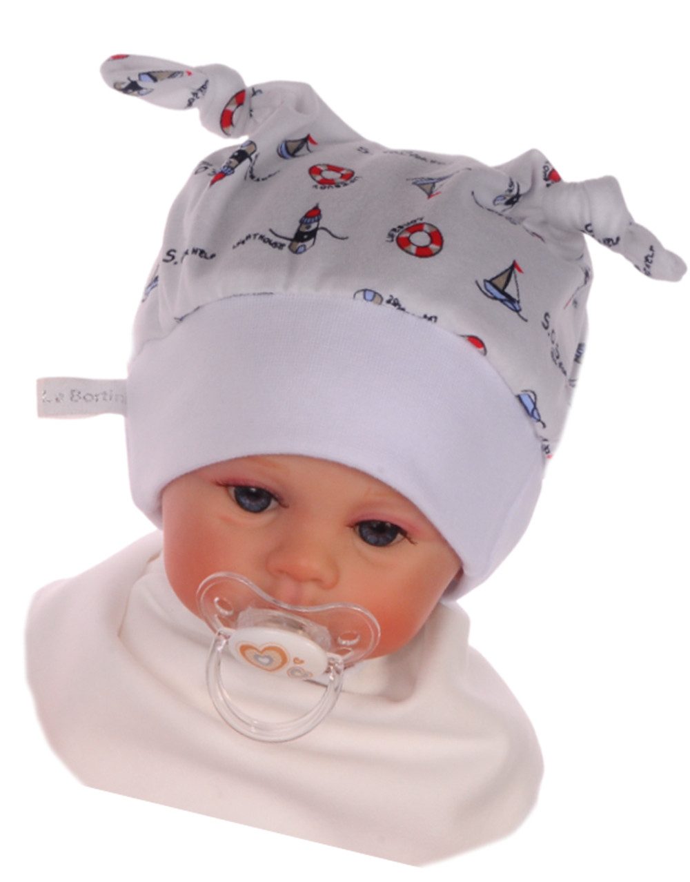 La Bortini Erstlingsmütze Baby Mütze Knotenmütze für Babys in Weiß mit maritimem Muster