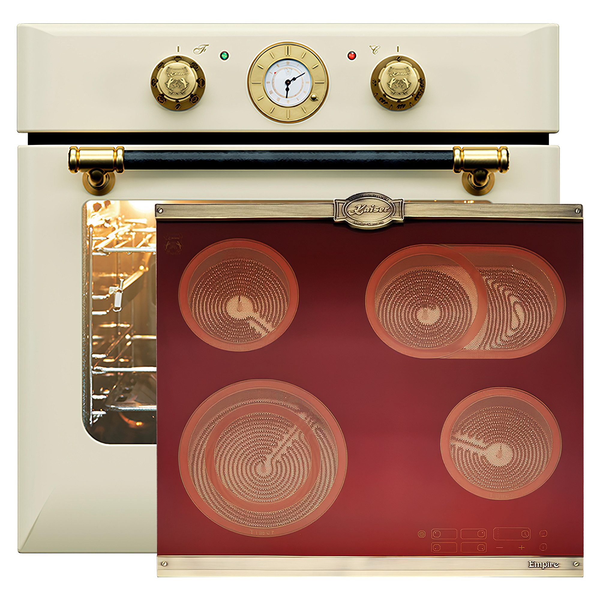 Kaiser Küchengeräte Backofen-Set Herd Set Autark Retro Einbau Backofen Elektro, 68 L mit Glaskeramik Kochfeld 60cm Einbau Herd 4 QuickHeat-Kochzonen Hi-Light EH 6432 ElfBE +KCT 6185 RotEm, mit 1-fach-Teleskopauszug, Retro Einbau Backofen Elektro,68 L+Glaskeramik Kochfeld 60 cm