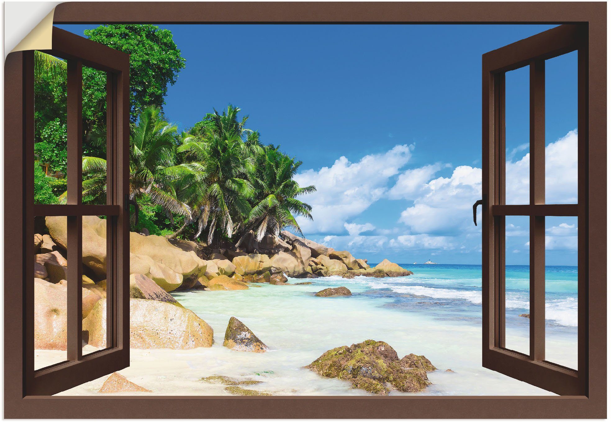 Artland Wandbild Küste mit Palmen durchs Fenster, Karibikbilder (1 St), als Alubild, Leinwandbild, Wandaufkleber oder Poster in versch. Größen