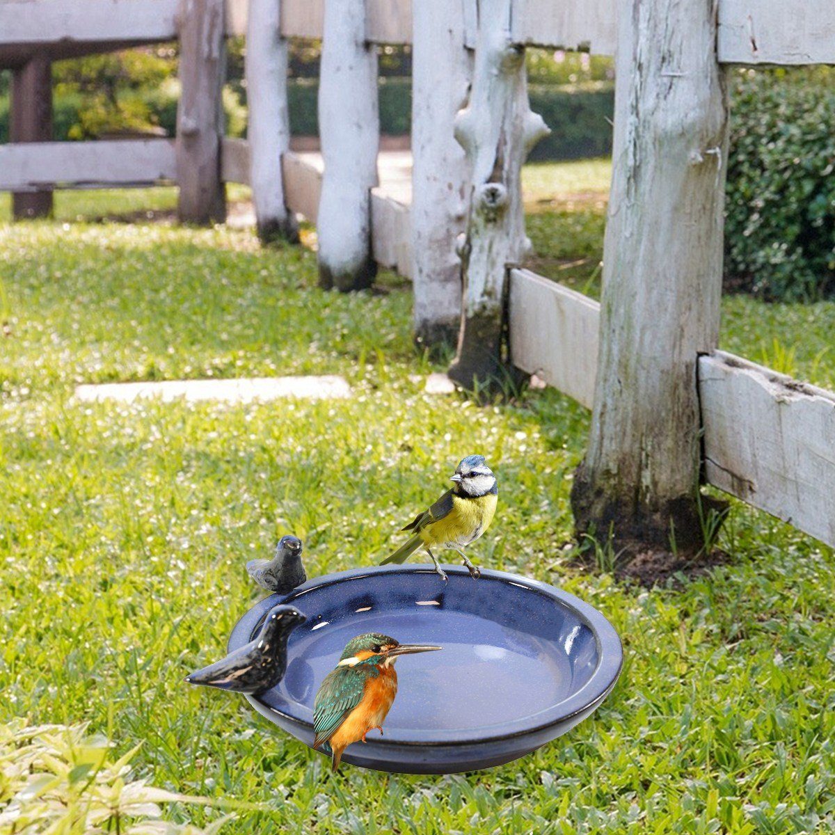 handbemalt, Vogeltränke den Vogeltränke Vogeltränke 30cm Keramik rund Vogelbad, Reinigen colourliving für glasiert, leicht Garten blau zu