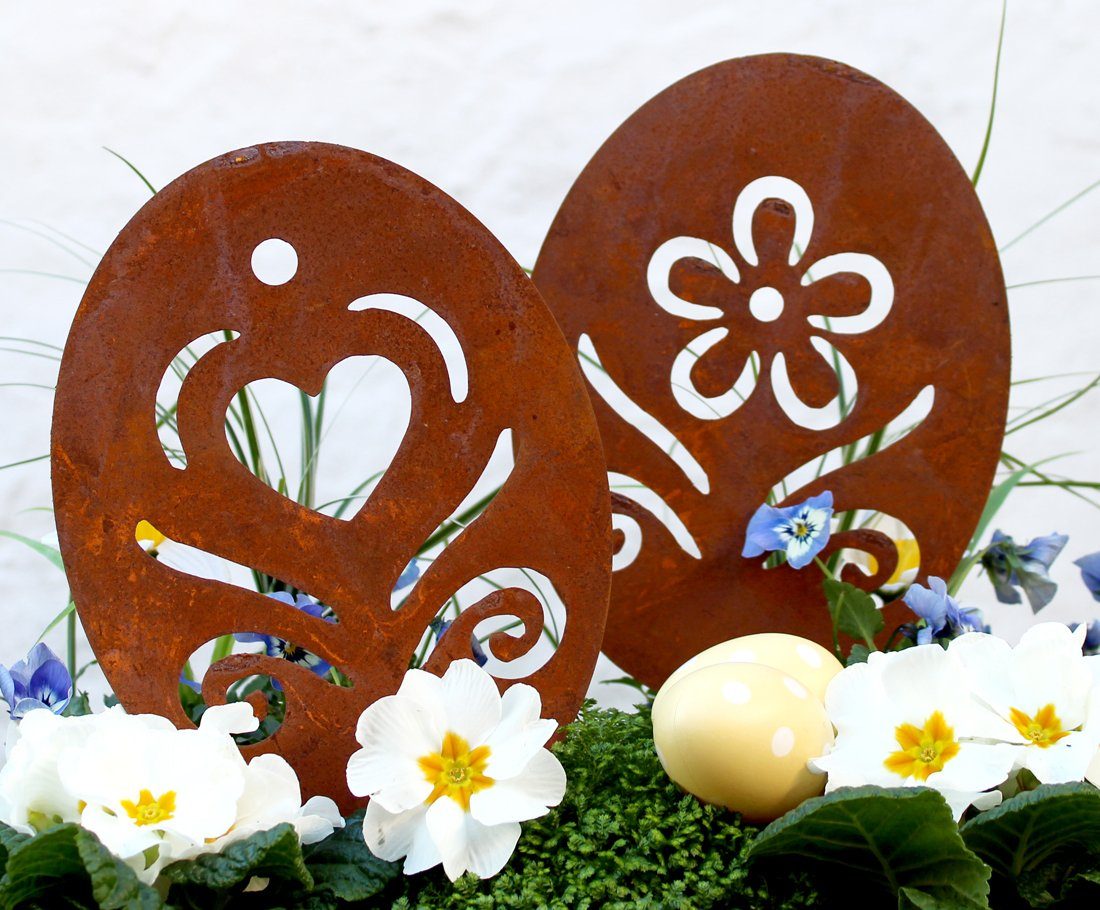 LB H&F Lilienburg Gartenfigur 2er SET Ostereier Osterei Rost Stecker Gartendeko Dekostecker, (Stecker Metall Metallstecker Frühlingsdekoration Gartenstecker Frühlingsdeko Ostern Frühling Gartenfigur Dekofigur Gartendekoration Dekoration aussen draussen Balkon Terrasse Geschenk Blumenkübel Beetstecker Blumenstab Osterdeko Osterdekoration outdoor Blumenstecker Rost Deko Garten EI ROST XL BLUME & HERZ)