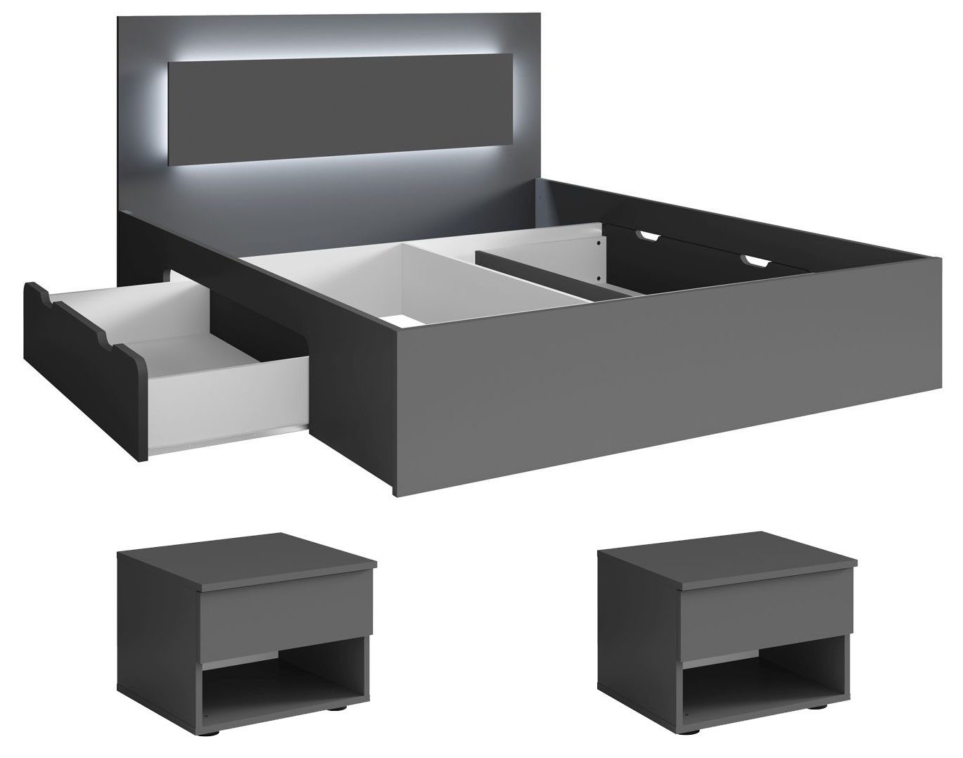 Feldmann-Wohnen Schlafzimmer-Set Fino, (mit 2 Nachtkonsolen mit je 2 Schubladen, 2 Bettschubladen, Griffmulden, 3-tlg., moderne Optik, ohne Soft-Close, LED im Kopfteil), 180x200cm Liegefläche, graphit, mit Lattenrost & LED-Licht
