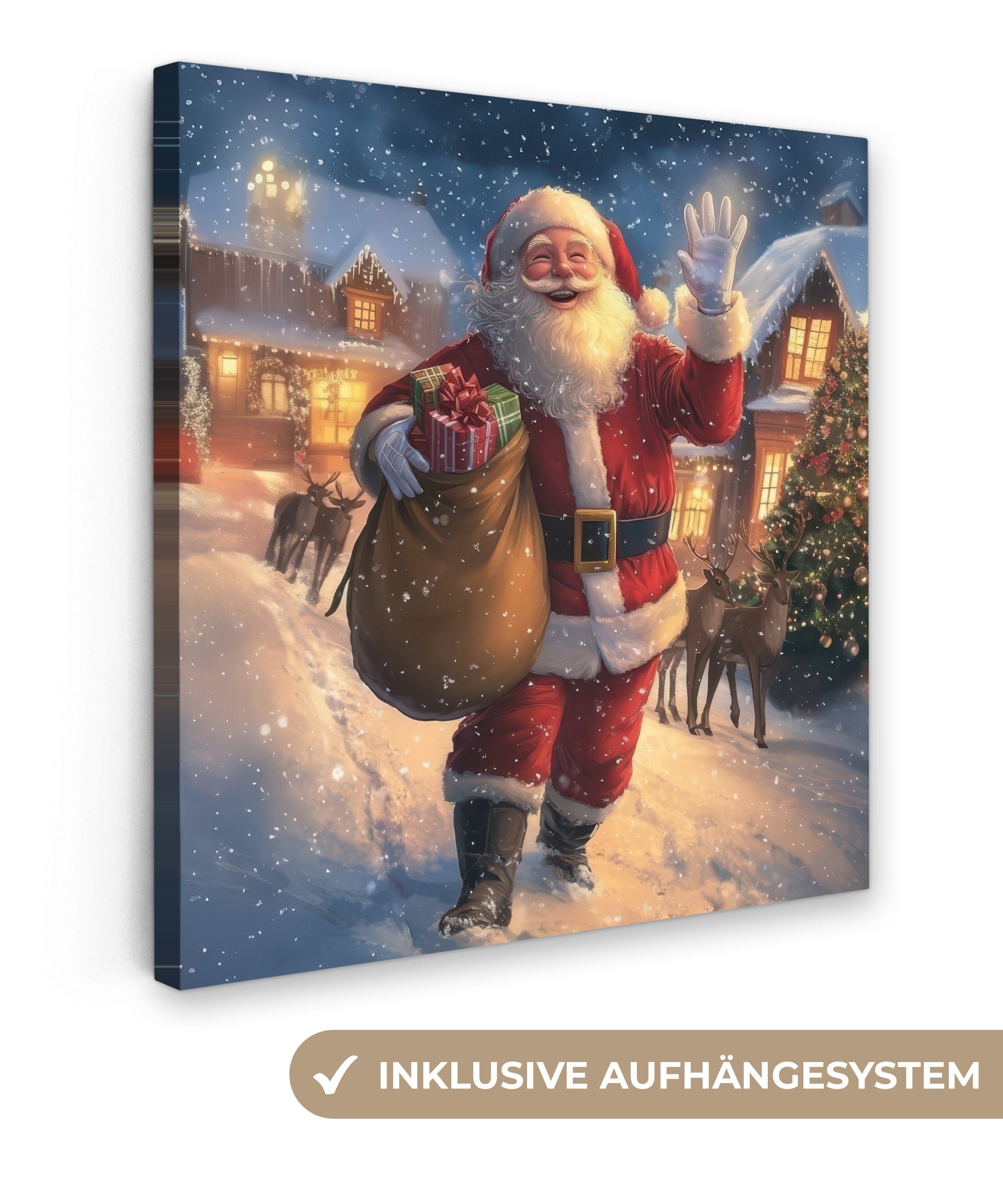 OneMillionCanvasses® Leinwandbild Weihnachtsmann - Dorf - Hirsche - Dunkelheit, Fotodruck (1 St), Wandbild, Deko Schlafzimmer Wohnzimmer Flur 20x20 cm