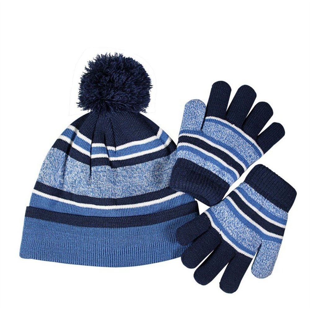 Rouemi Bommelmütze Kindermütze und Handschuhe im Zweier-Set, wattiertes Winterset Blau
