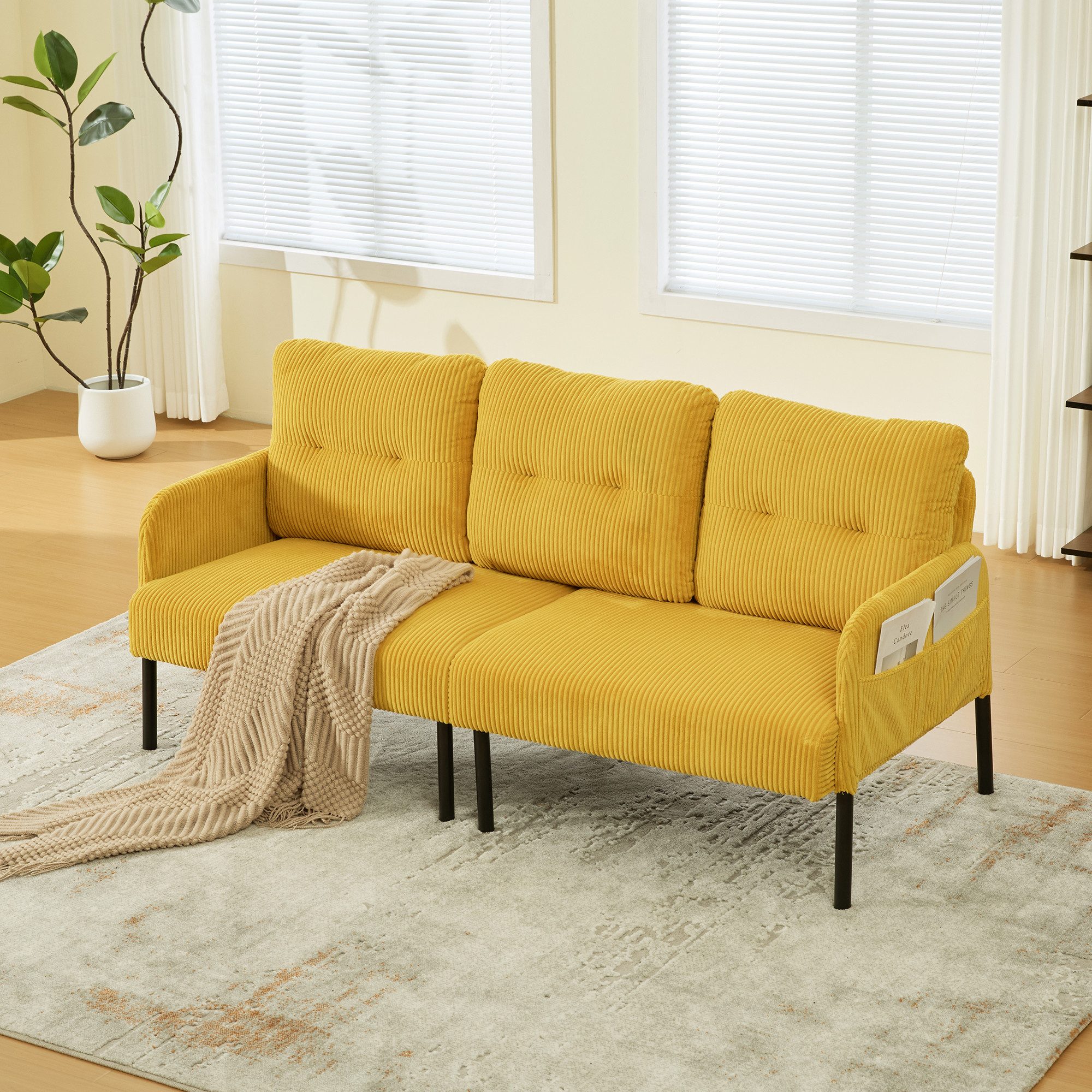 OKWISH Sofa Loungesofa, Cord-Dreisitzer mit weicher Komfortpolsterung, hoher Rückenlehne, praktischen Seitentaschen und stabilen Metallfüßen