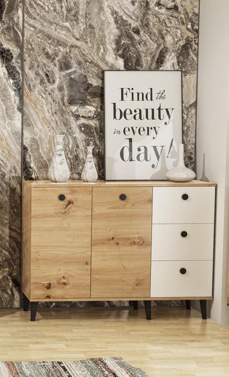 Beautysofa Kommode C2 (Holzbeine, Kunststoff Griffe inklusive 3x Schubladen, zweitürig Sideboard in loft Stil), für Wohnzimmer