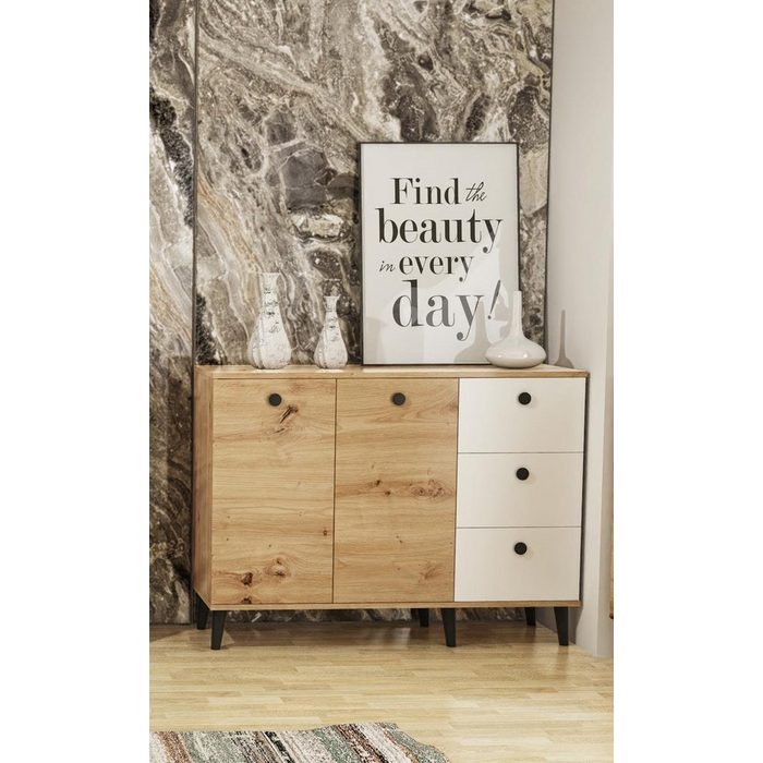 Beautysofa Kommode C2 (Holzbeine Kunststoff Griffe) für Wohnzimmer inklusive 3x Schubladen zweitürig Sideboard in loft Stil