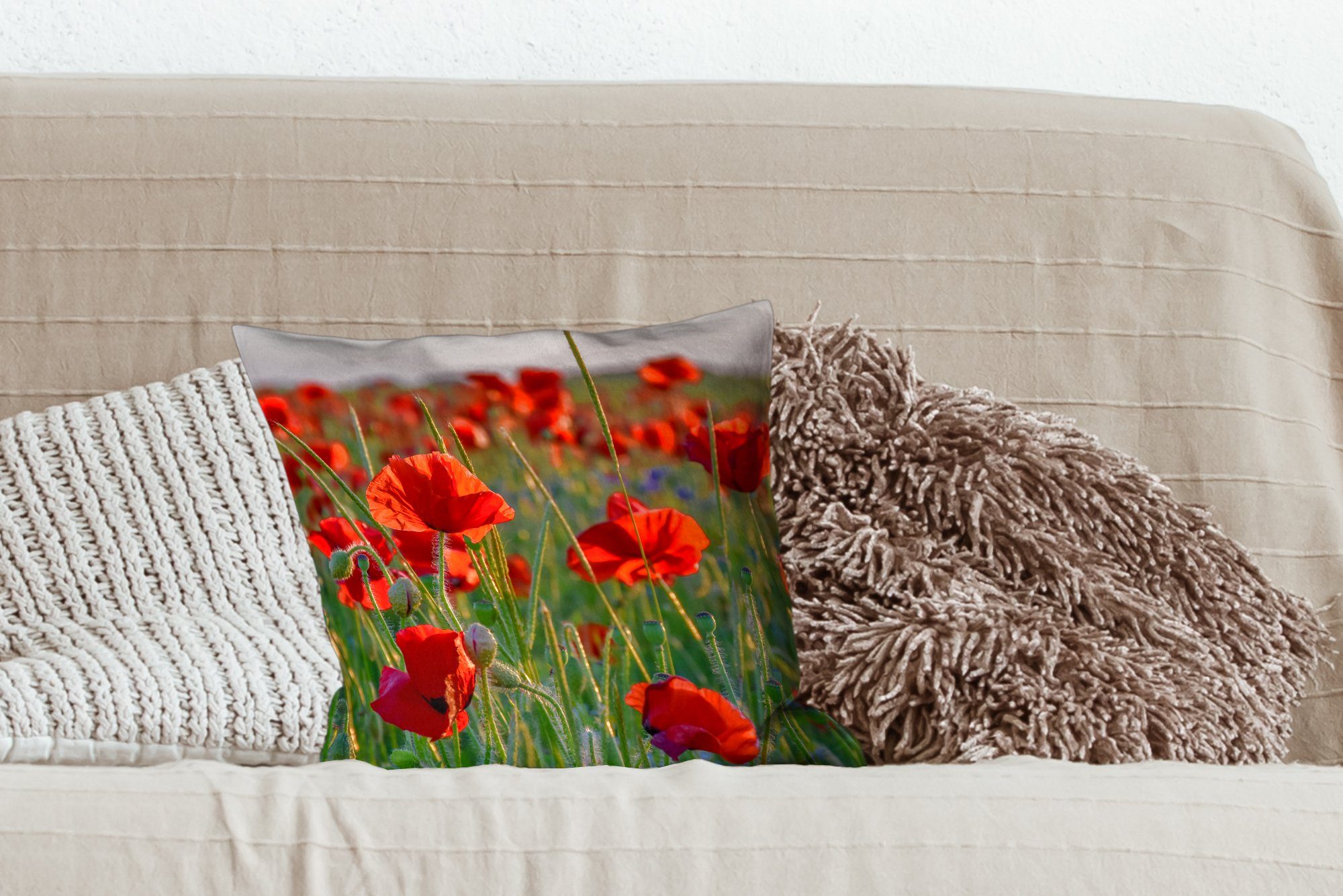 MuchoWow Dekokissen Blumen - Mohnblumen Rot, Zierkissen - Wohzimmer, Deko, Füllung Natur - mit Sofakissen Schlafzimmer, für