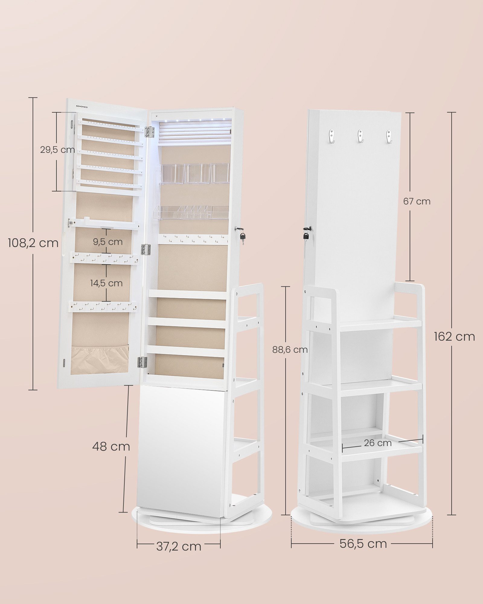 SONGMICS Schmuckschrank mit Ganzkörperspiegel, Schmuckaufbewahrung, Spiegelschrank,360°drehbar Schlafzimmer, Ankleidezimmer, Flur, 56,5 x 56,5 x 162cm (T x B x  – Bild 5 von 5