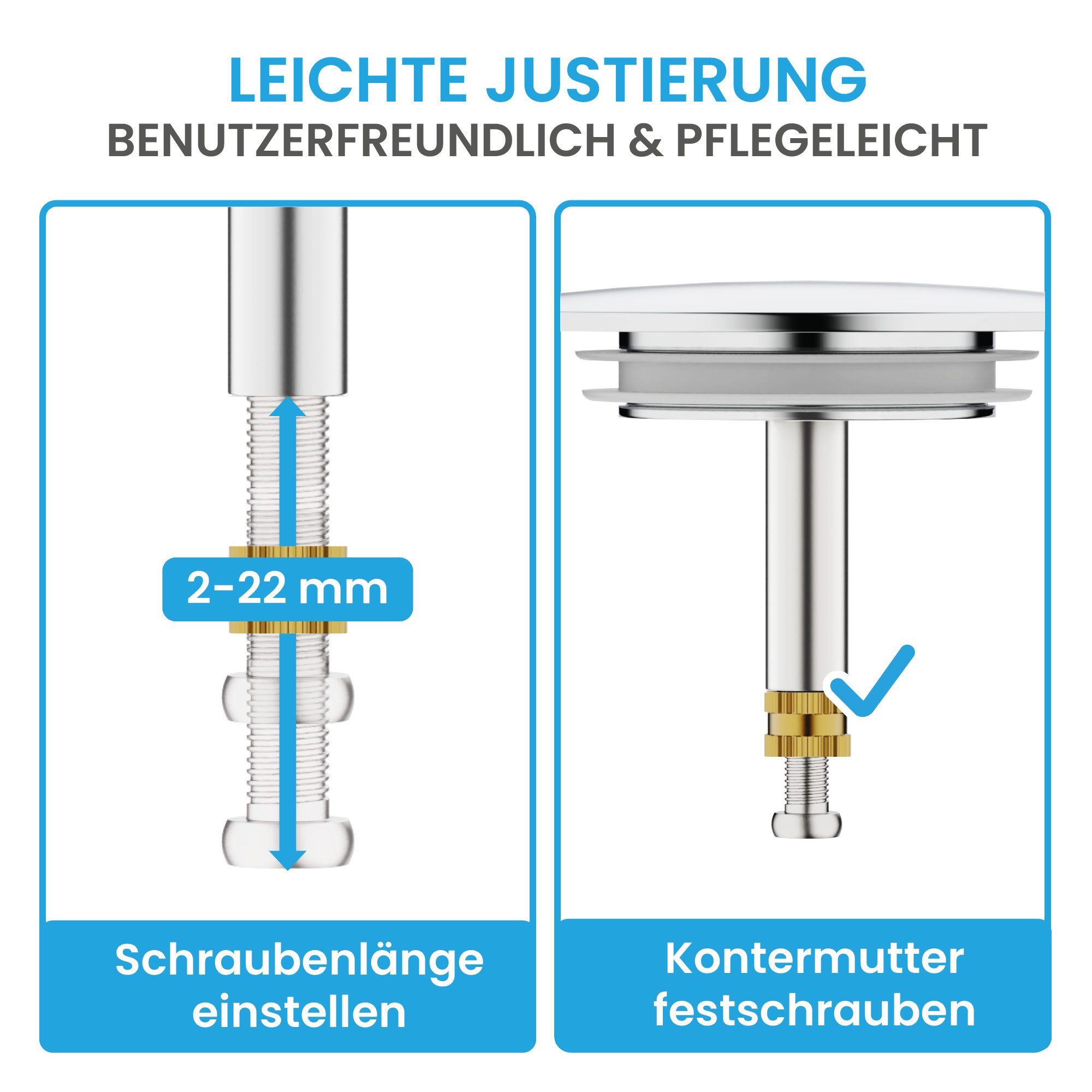 Bächlein Badewannenstöpsel Hochwertiger Badewannenstopfen mit Excenterverschluss, (Chrom), Ablaufgarnitur für jede Badewanne inkl. Dichtungen – Bild 4 von 5