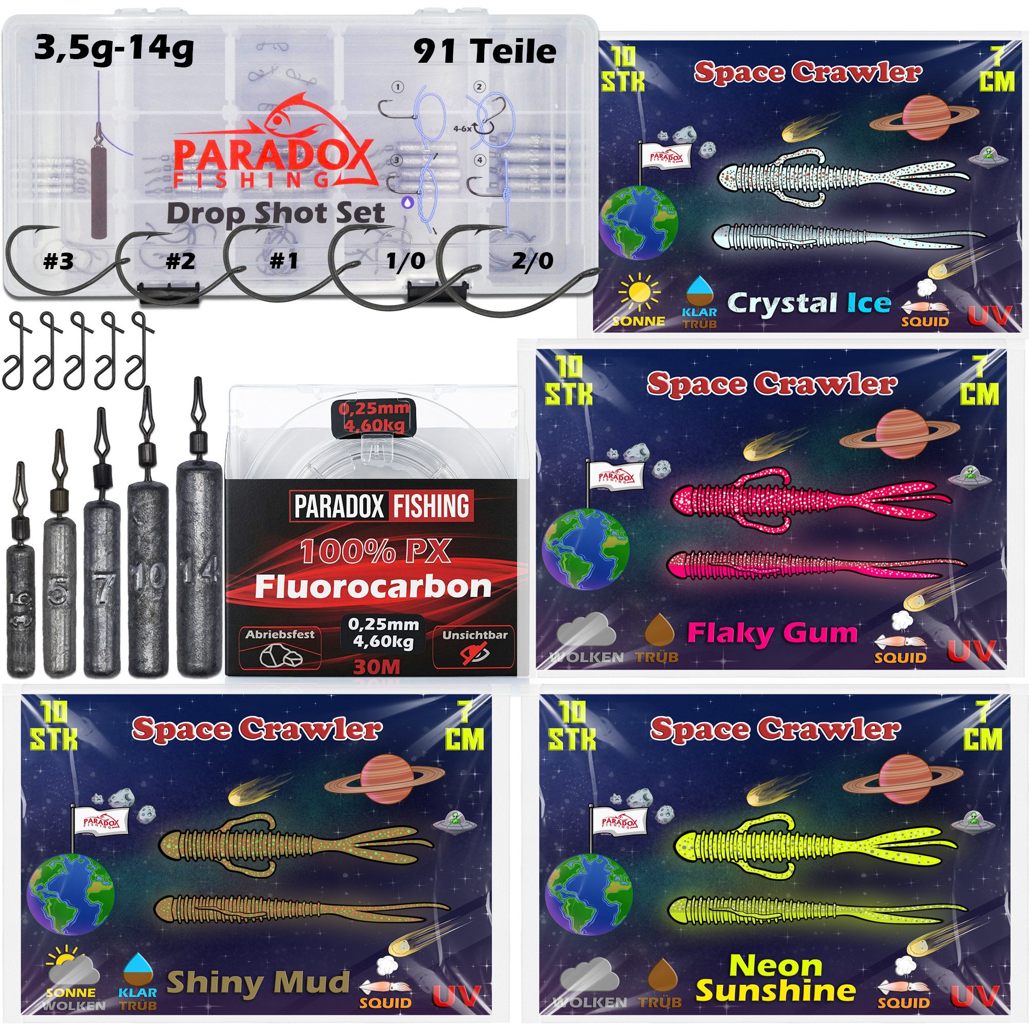 Paradox Fishing Angelgewicht Dropshot Komplett Set 91 Teile, (Spar-Set, Komplett Set), 40 UV-aktive 7cm Creature Baits