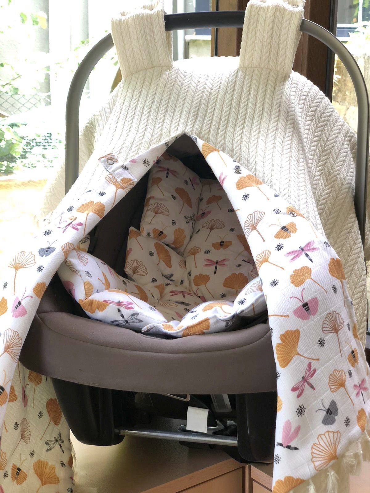 Blüten Musselin, kuschelige Waffelpique Fancyroom Sitzauflage), creme Cosi, (2-tlg., Maxi Aus und Baby Set Einschlagdecke Einschlagdecke Babyschalen und Geburt, Sitzauflage Ersatz Sichtschutz orange für Babyschale ab ab: Sonnenschutz