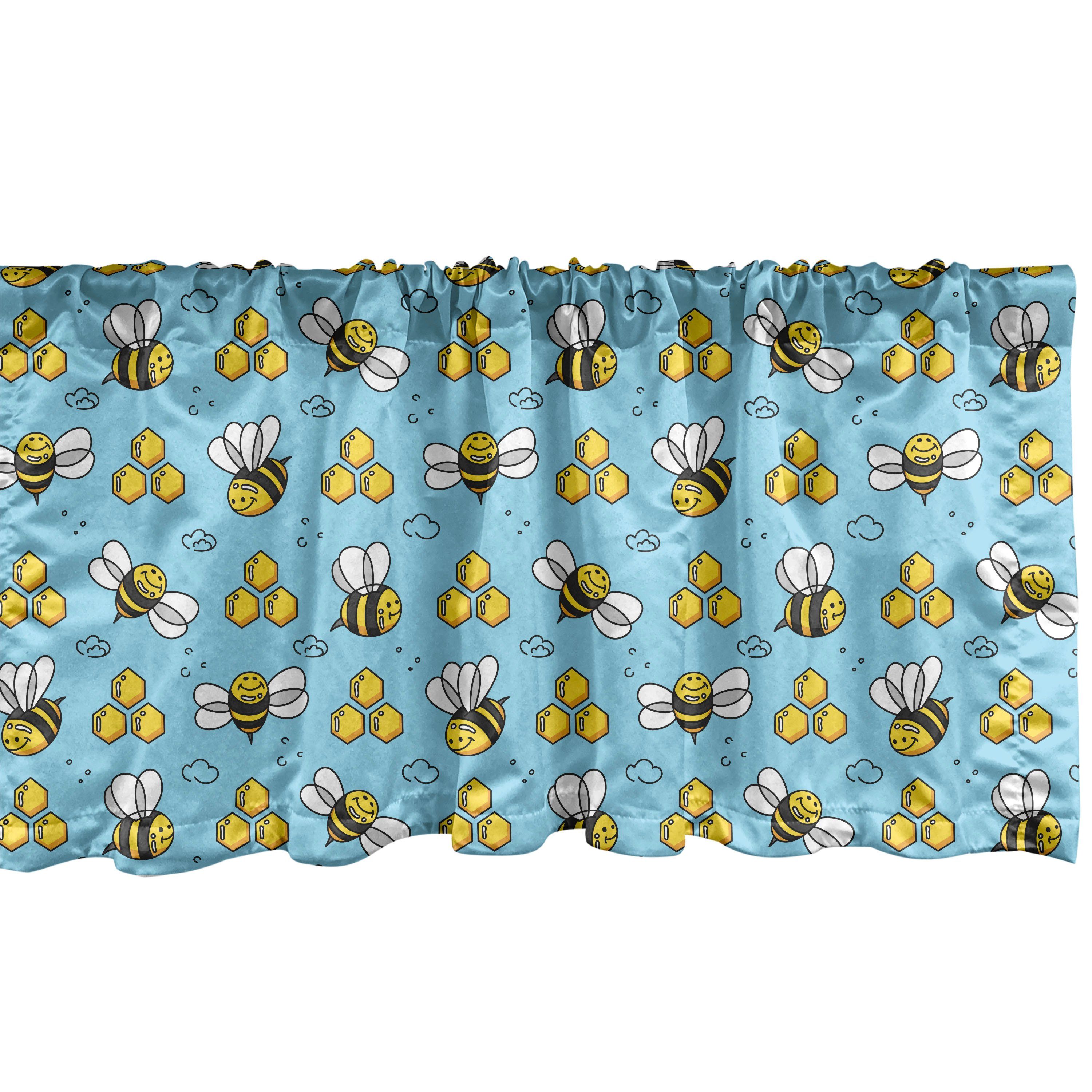 Scheibengardine Vorhang Volant für Küche Dekor Glückliche Bee Microfaser, Stangentasche, Bienen Schlafzimmer mit Cartoon-Stil Honey Abakuhaus