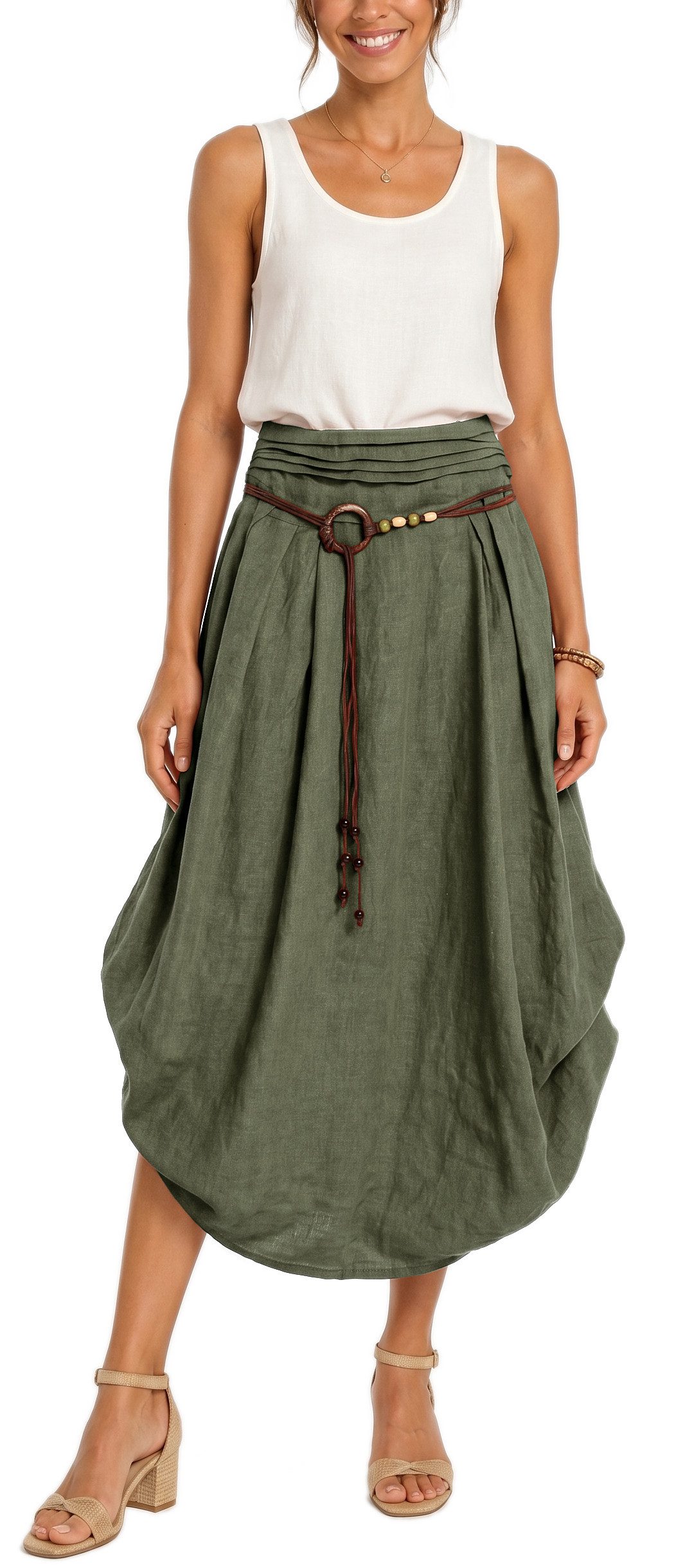 dy_mode Ballonrock Damen Leinenrock Midi Ballonrock Sommerrock Midirock in Unifarbe, mit Teil-Gummibund, Variabler 2-in-1 Look