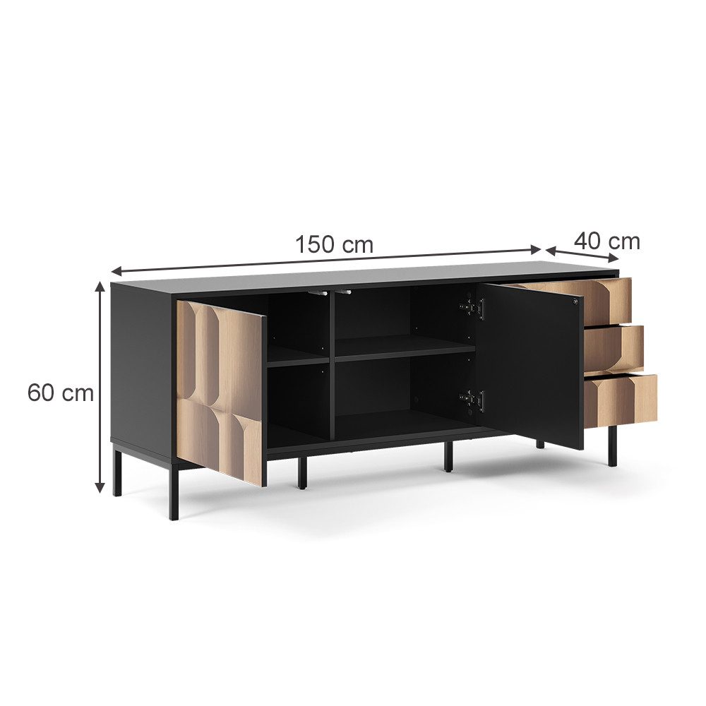 Vicco Lowboard Eliza, Schwarz/Eiche, 150 x 60 cm mit 3 Schubladen (1 St)
