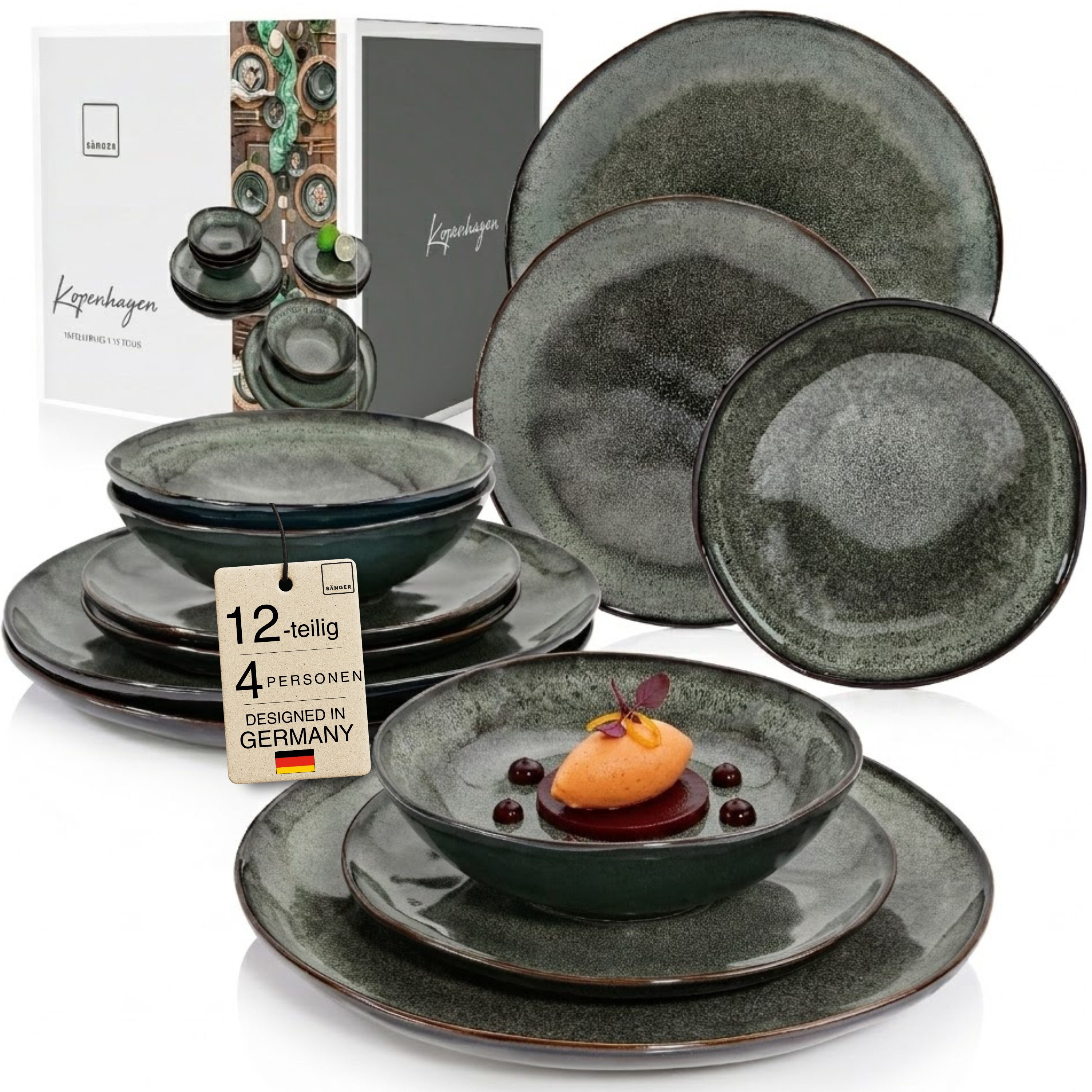 SÄNGER Tafelservice Kopenhagen Geschirrset (12-tlg), 4 Personen, Steingut, Grün-Grau, Handmade, Premium Collection