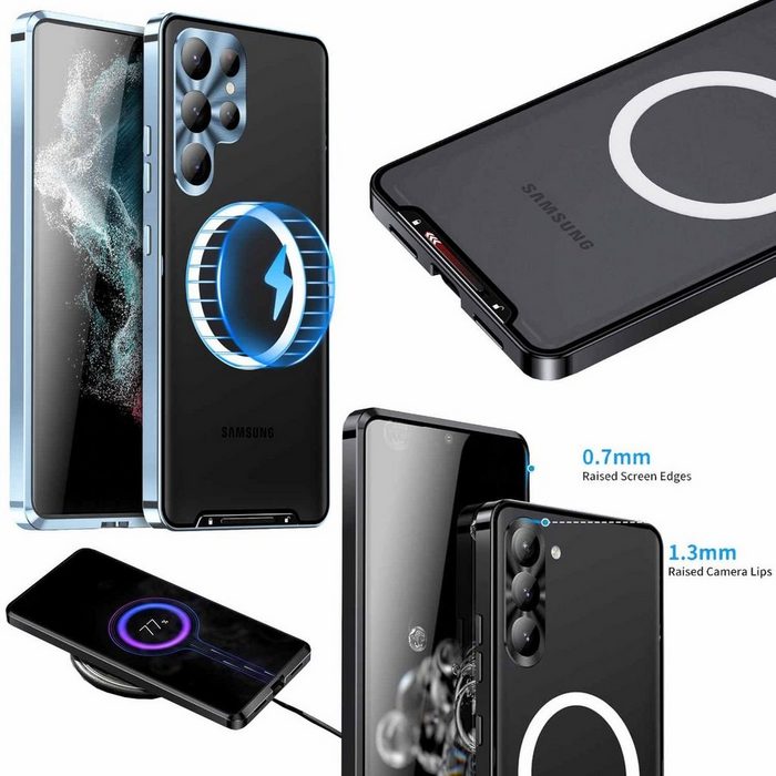 Wigento Handyhülle Für Samsung Galaxy S23 Ultra Handy Tasche Magnetische Magsafe Metall Design Blau Cover Case Hülle