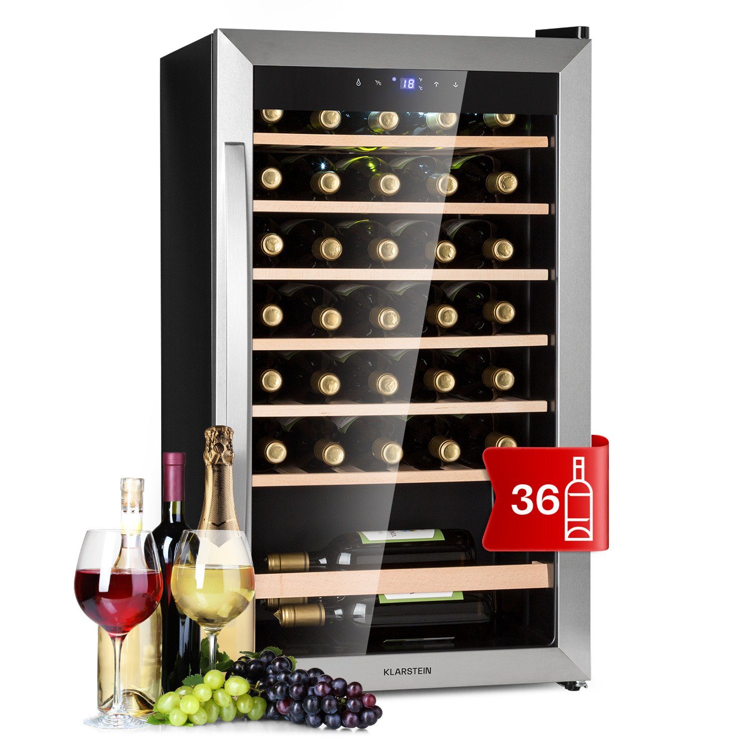 Klarstein Weinkühlschrank Vinamour 32 Uno, Standardflaschen Kühlschrank 36 Weintemperierschrank für Flaschenkühlschrank 0,75l,Wein á Weinschrank