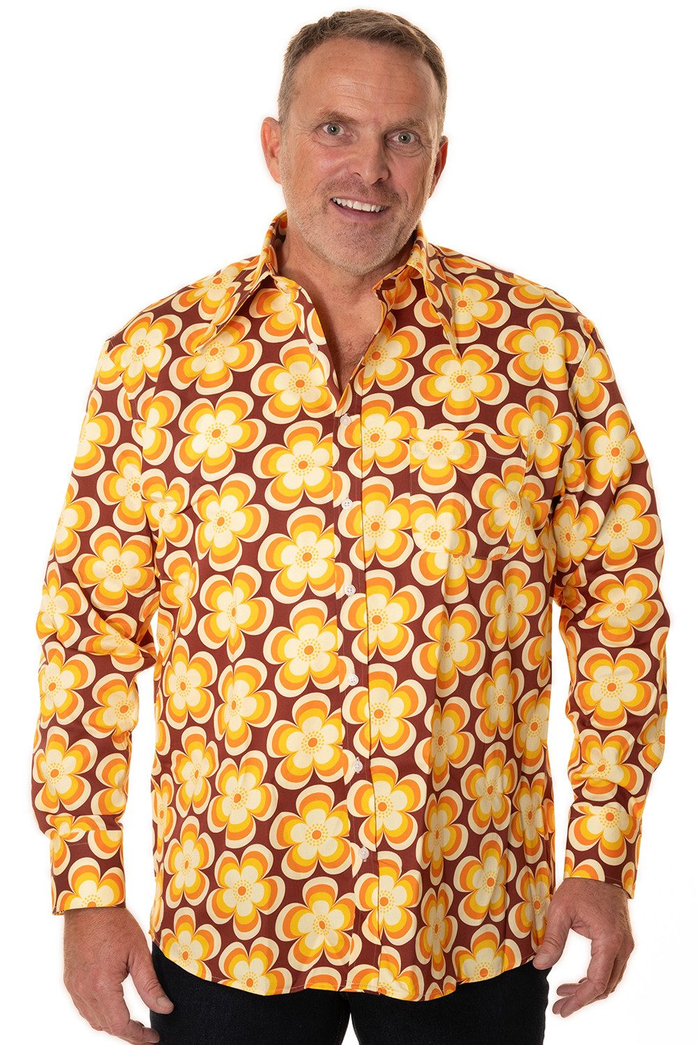 Langarmhemd Herren 70er mit gelb braunem Blumenmuster