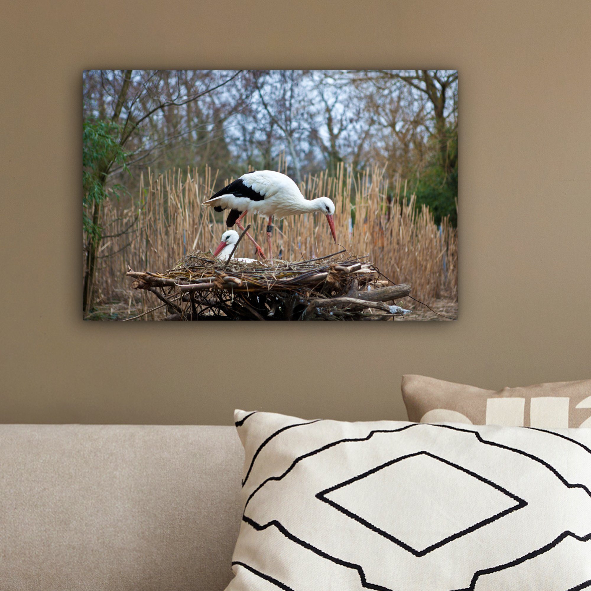 OneMillionCanvasses® Leinwandbild Wunderschöne Störche St), Wandbild (1 Leinwandbilder, Nest, in 30x20 cm ihrem Aufhängefertig, Wanddeko