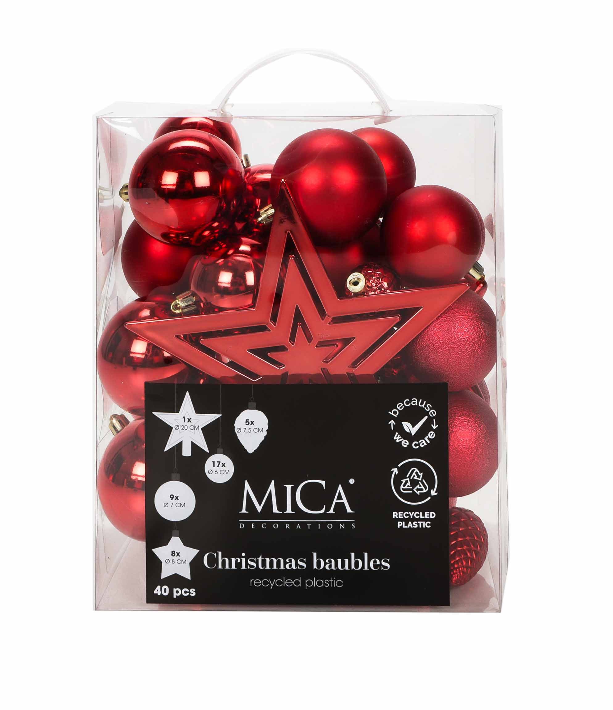 Mica Decorations Weihnachtsbaumkugel 40-teiliges Set in Glänzend, Matt und Gefrostet (40 St), Baumschmuck Weihnachtskugeln Baumspitzenstern Zapfen Sterne in rot