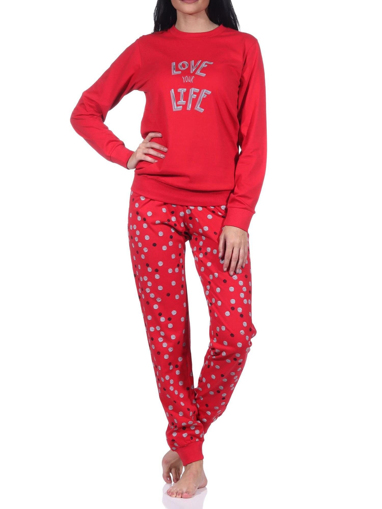 Normann Pyjama Normann Damen langarm Schlafanzug mit Bündchen in Herz Punkte Optik