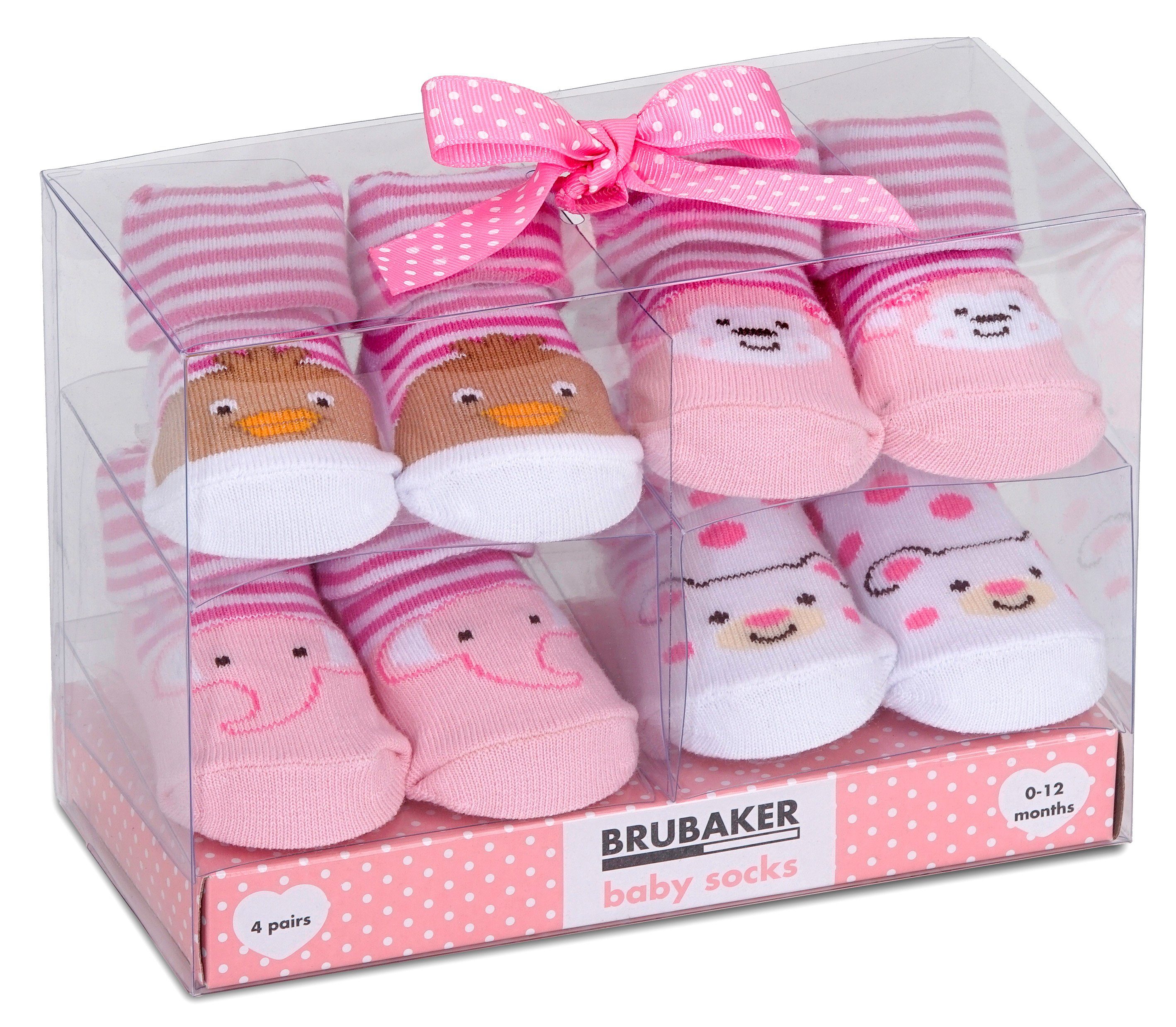 BRUBAKER Socken Babysocken für Mädchen 0-12 Monate (4-Paar, Baumwollsocken mit Tier Motiven) Baby Geschenkset für Neugeborene in Geschenkverpackung mit Schleife