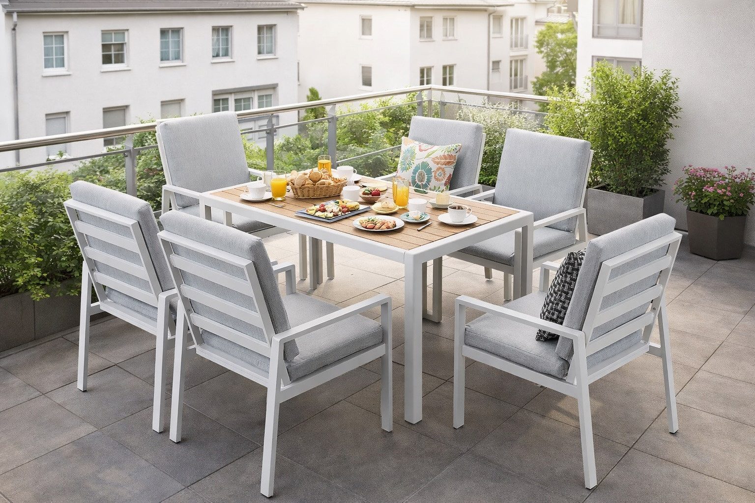 MeXo Gartenlounge-Set Lounge Gartenmöbelset Aluminium Wetterfest, (Garten Essgruppe für 6 Personen, 7-tlg., 6 Sessel, Esstisch 140x80x70 cm), 85 cm Rückenlehne, hoher Sitzkomfort