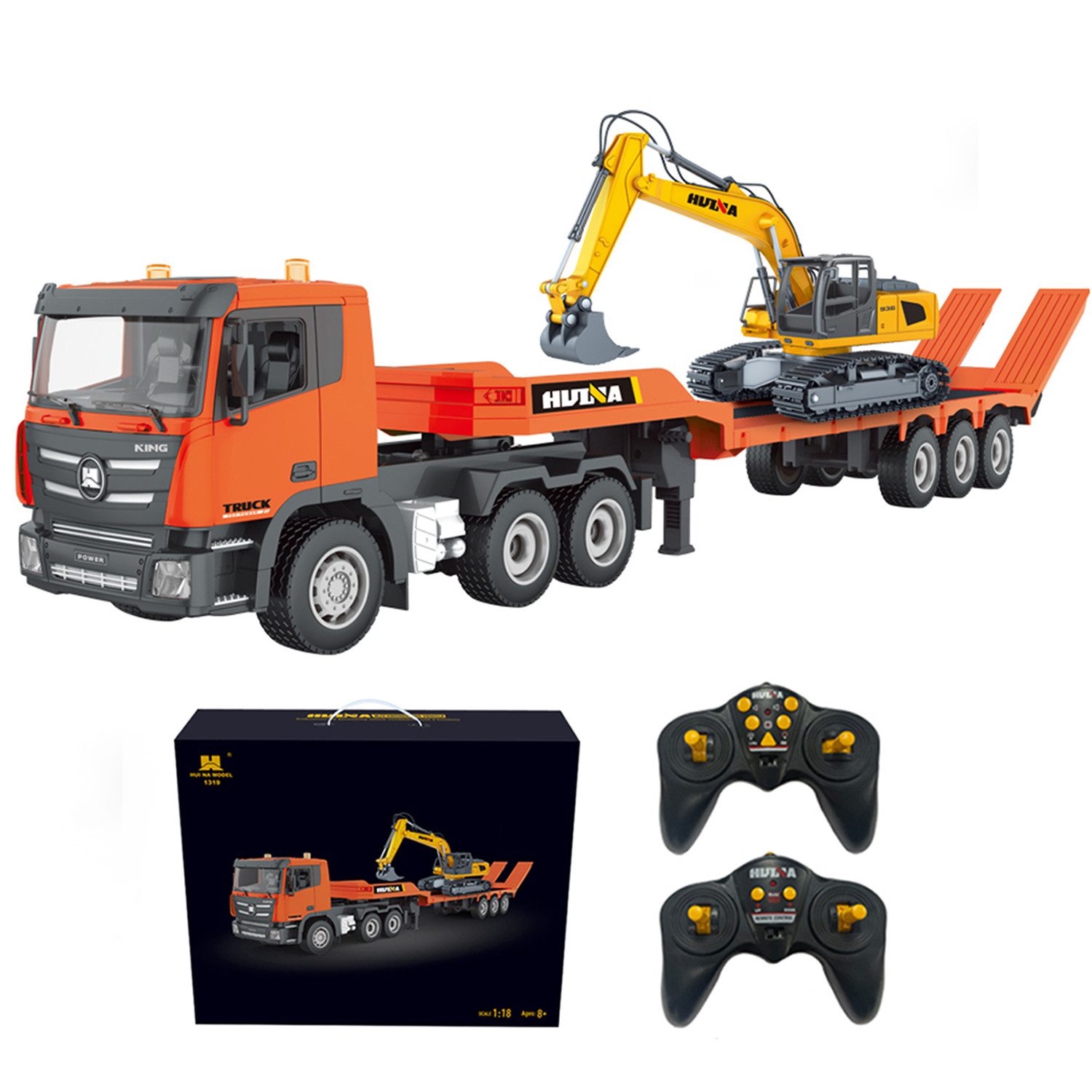 Esun RC-Truck RC LKW und RC Bagger Spielzeug, 2.4Ghz Ferngesteuerter Pritschenwagen (SET, Komplettset), 1:18 Ferngesteuerter Bagger mit Sound und Lichtern