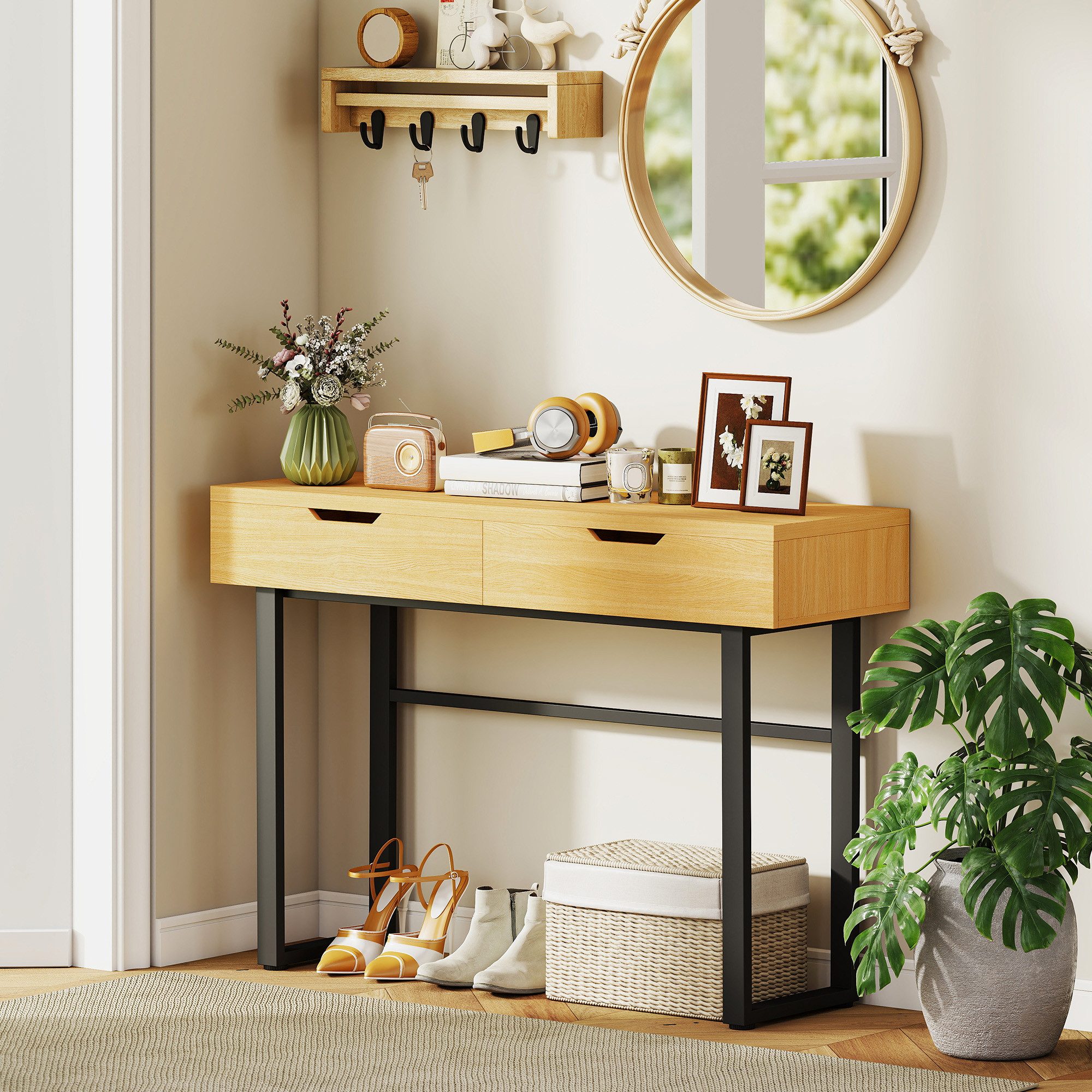 HOMCOM Konsolentisch Konsolentisch mit Industrie-Design, für Flur Wohnzimmer, Natur (Flurtisch, 1-St., Beistelltisch), Schmal, 2 Schubladen, Metallrahmen