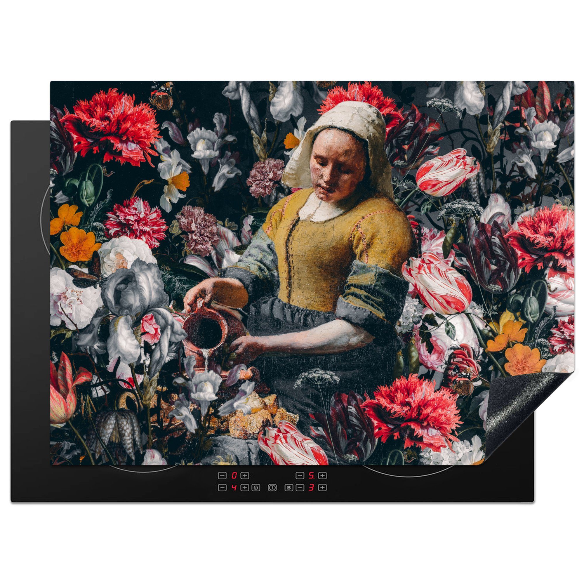 MuchoWow Herdblende-/Abdeckplatte Vermeer - Milchmädchen Ceranfeldabdeckung Vinyl, küche, Schutz für tlg), Induktionskochfeld die (1 - 71x52 cm, Blumen