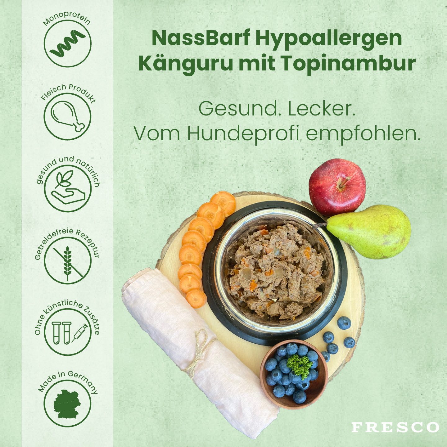 Fresco Dog NassBarf Hypoallergenes Hundefutter Nass 12 x 400g, Känguru mit Topiambur, Nassfutter für: Hunde, Getreidefrei & hochverträglich